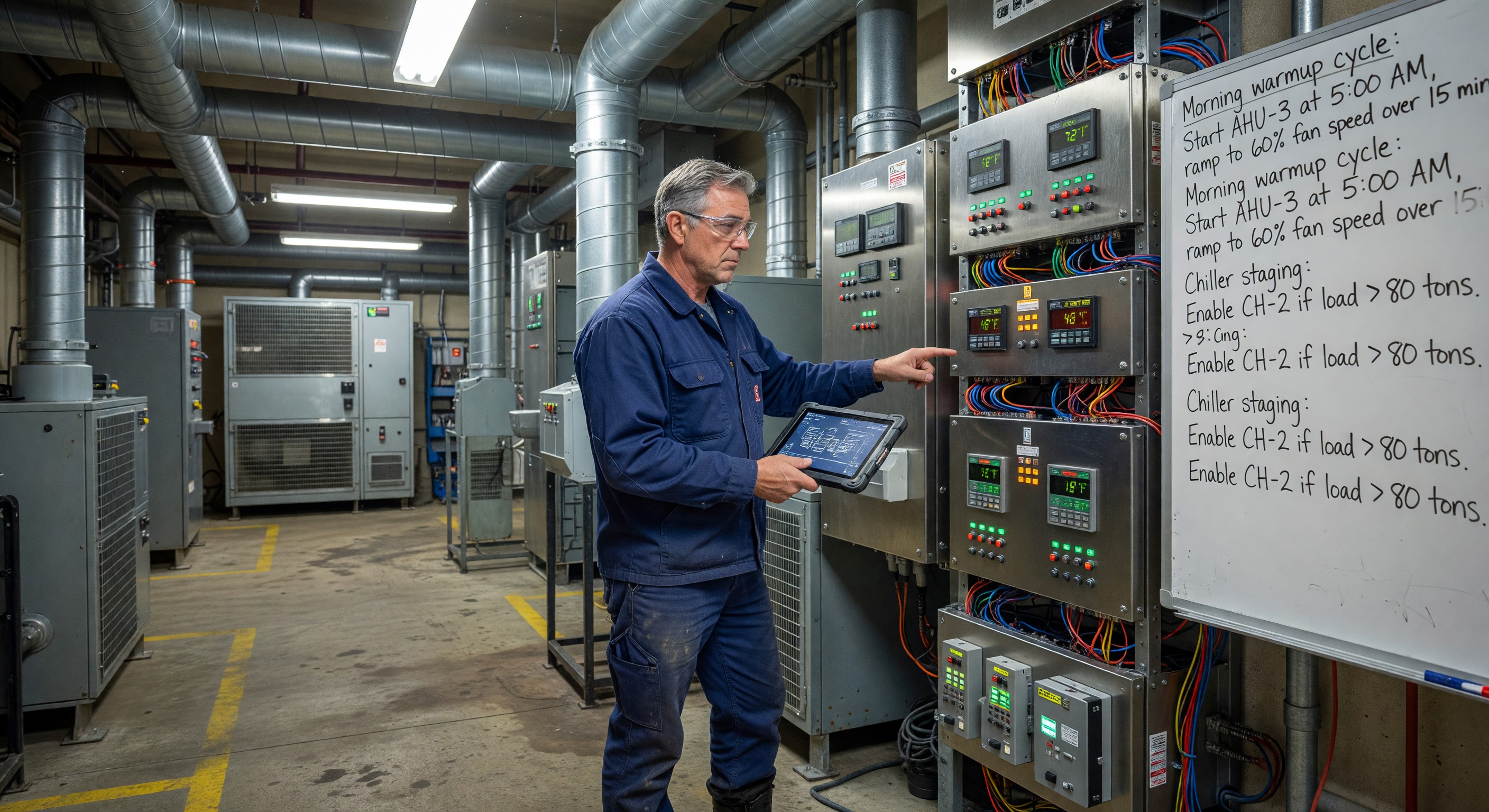 Building engineer reviewing HVAC controls and sequences in hotel mechanical room