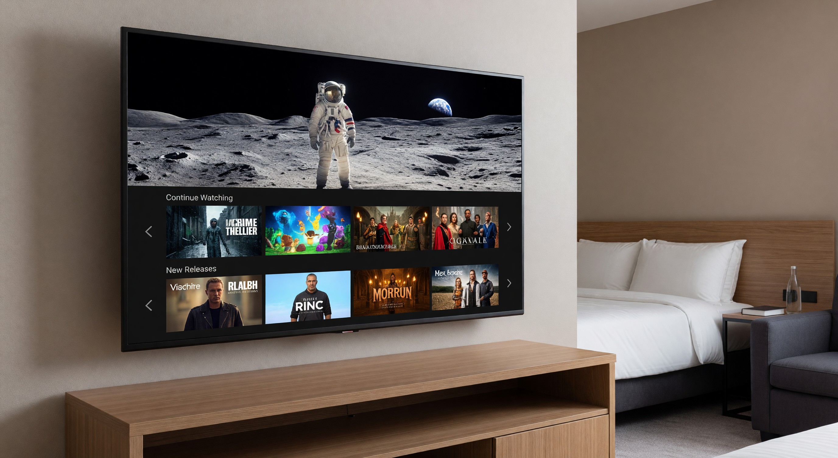 Hotel guestroom TV displaying streaming service interface