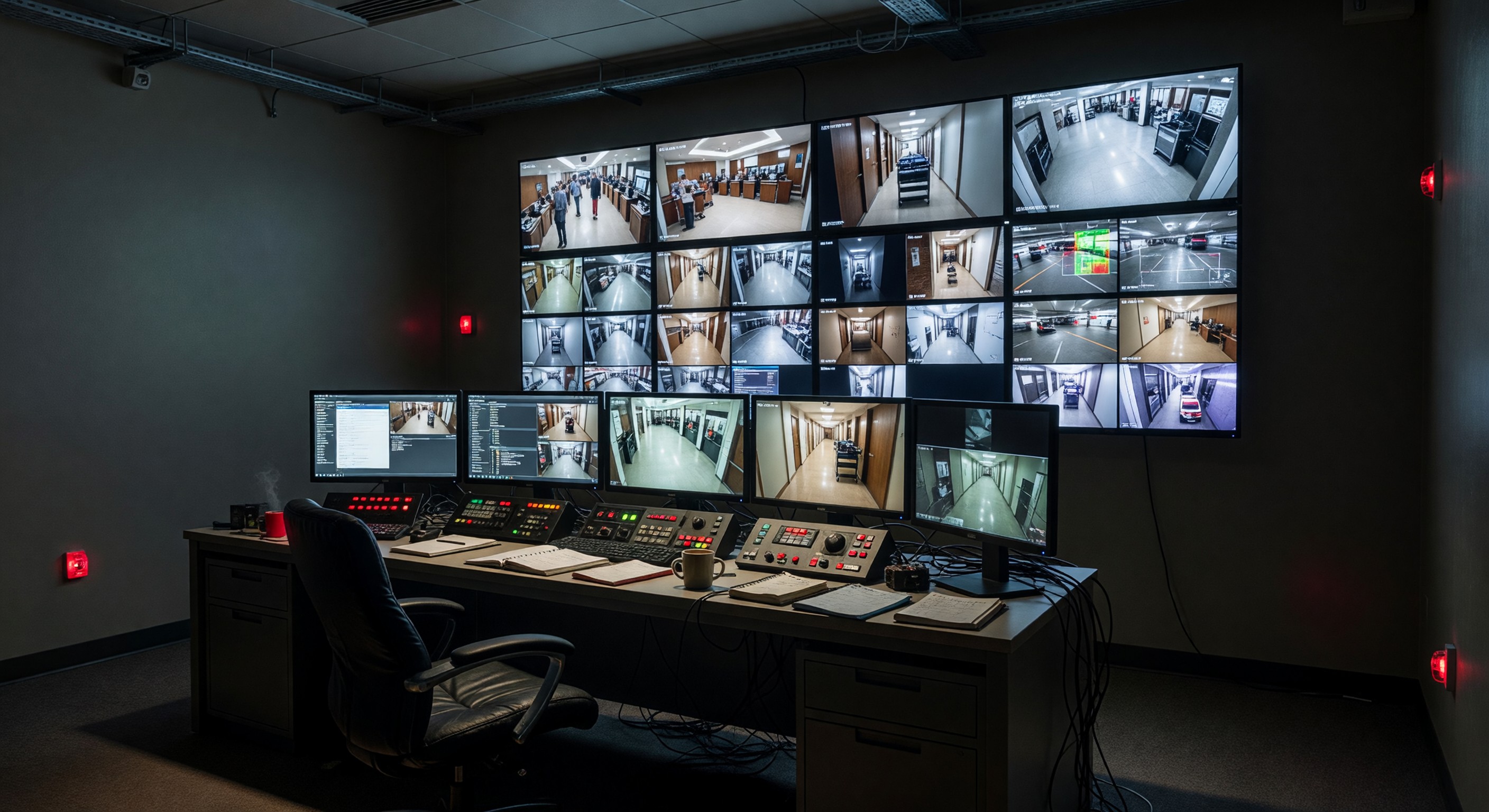 Hotel security control room with multiple screens showing AI-enhanced video feeds