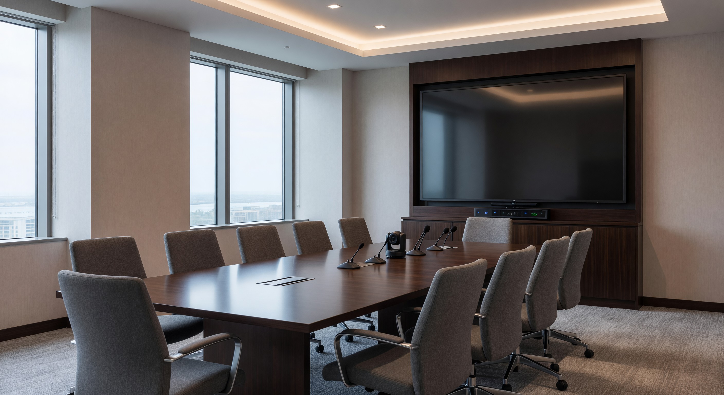 Modern hotel conference room with large display screen and video conferencing equipment