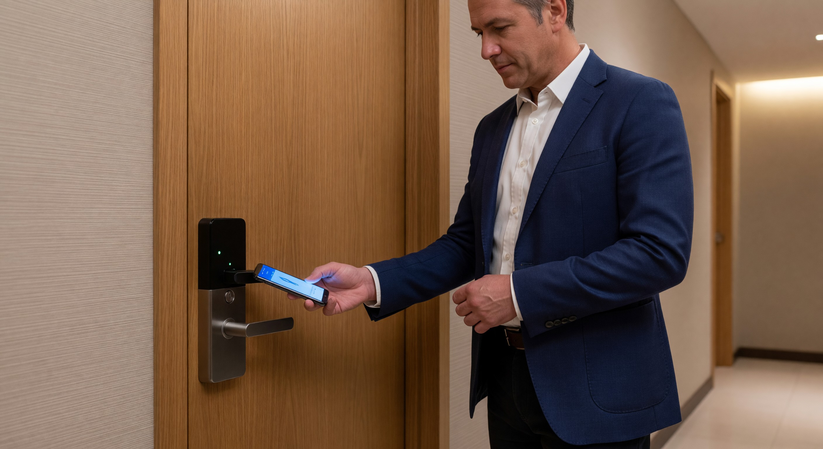 Hotel guest using smartphone as digital key to open guest room door lock