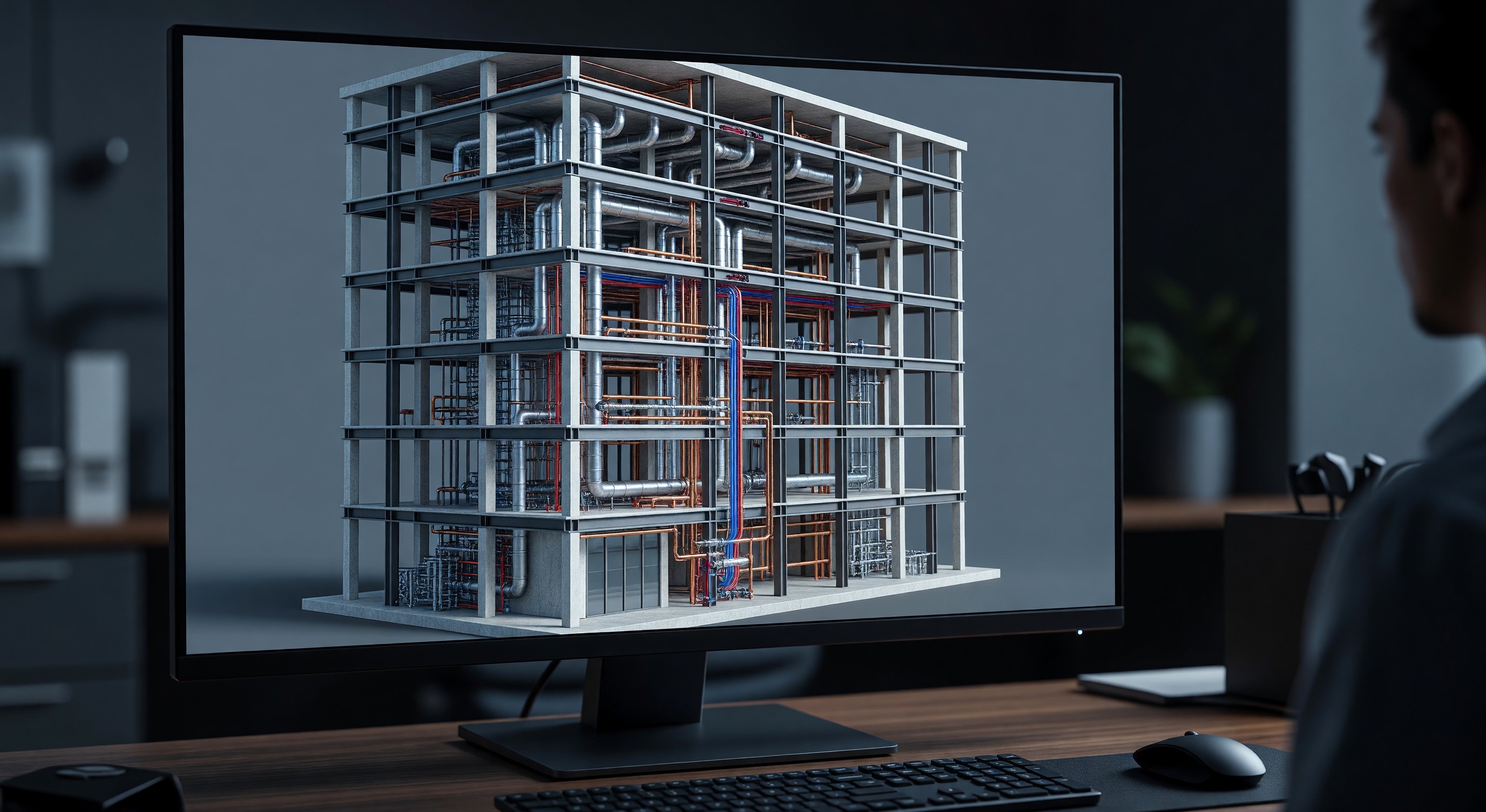 3D digital model of hotel building systems on computer screen