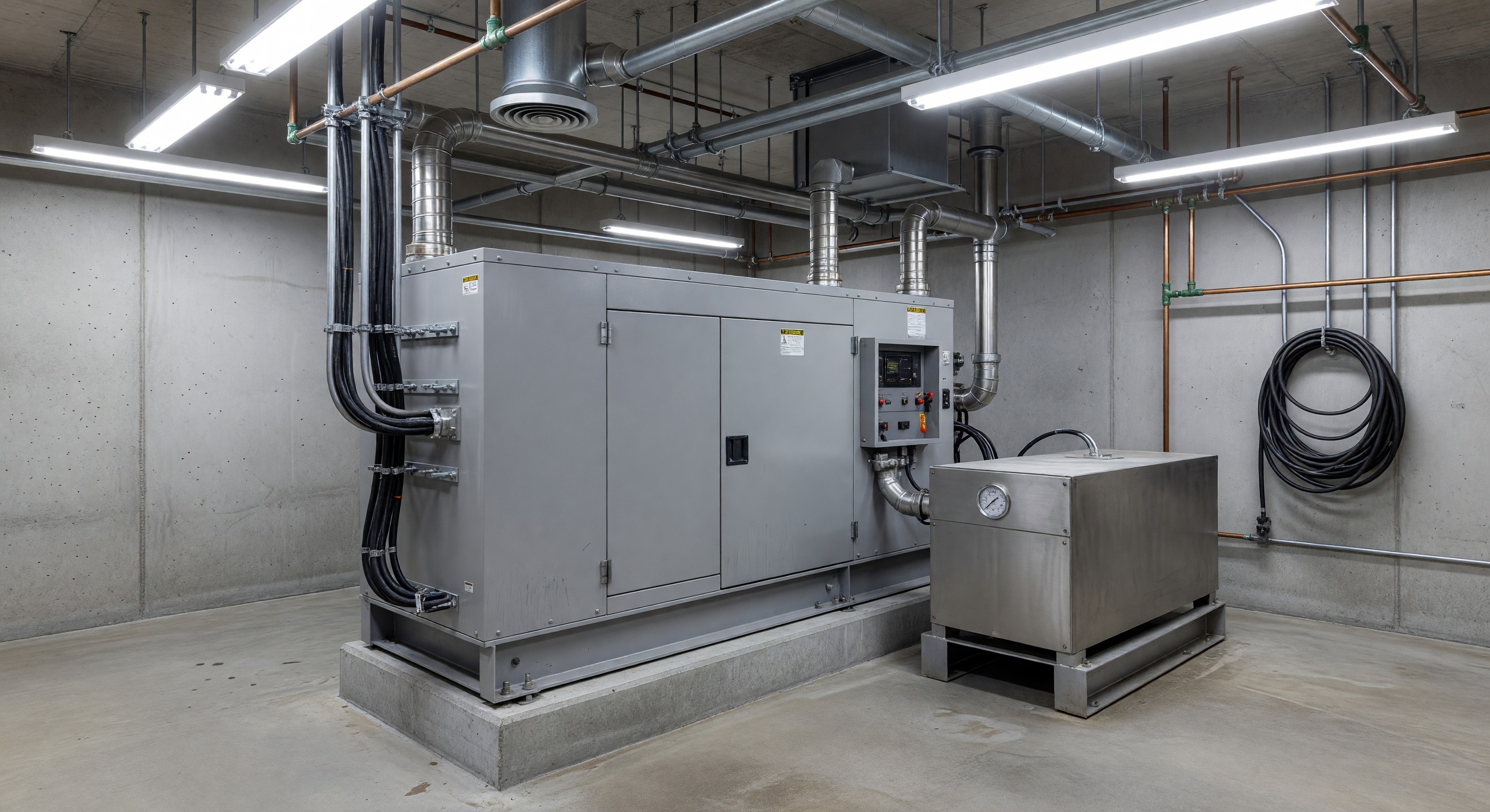 Commercial standby generator system in hotel mechanical room
