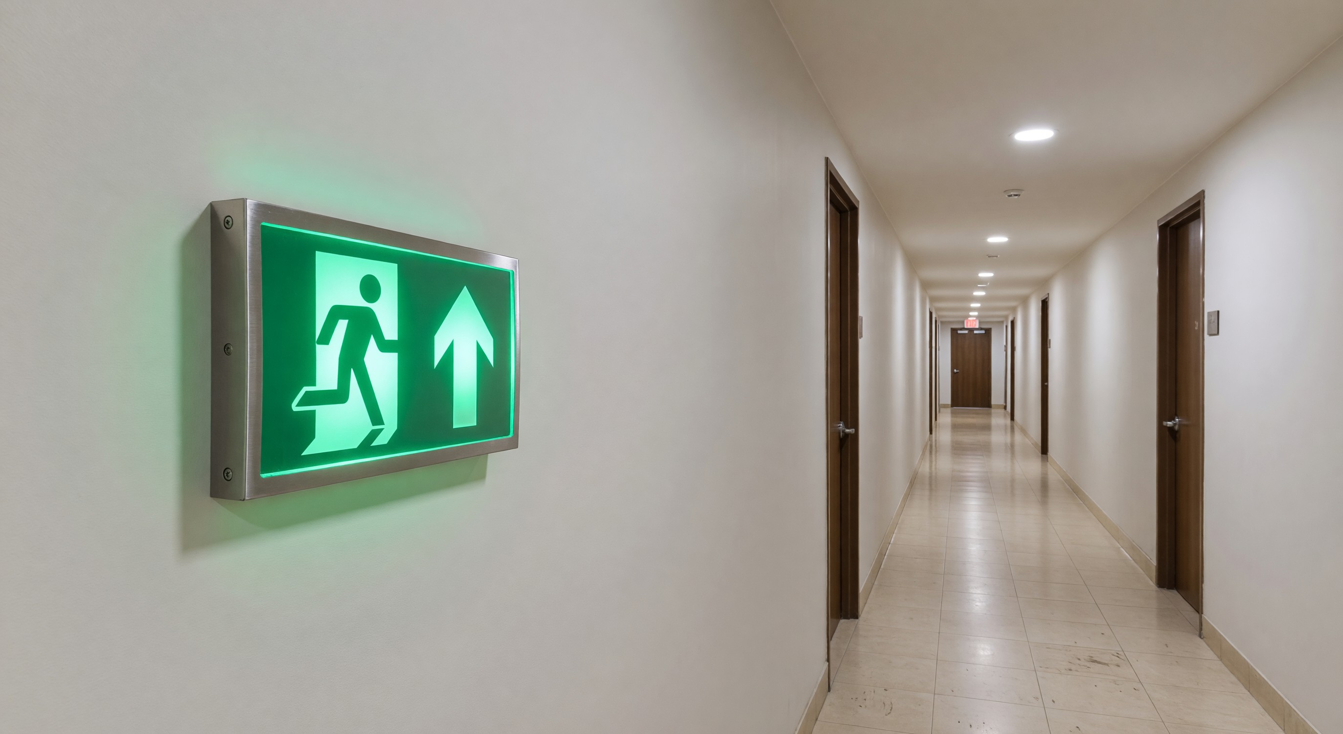 Hotel emergency exit sign illuminated in a corridor