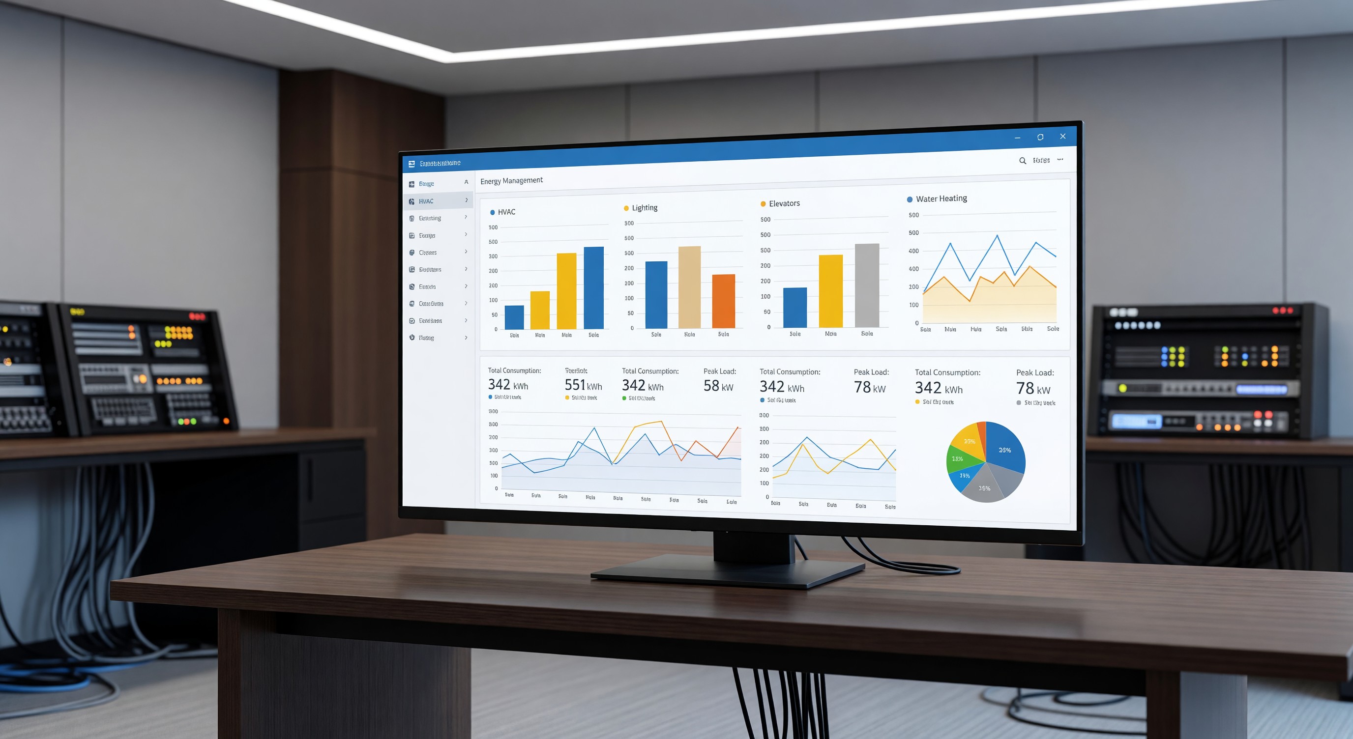 Hotel energy management dashboard showing consumption data by building system