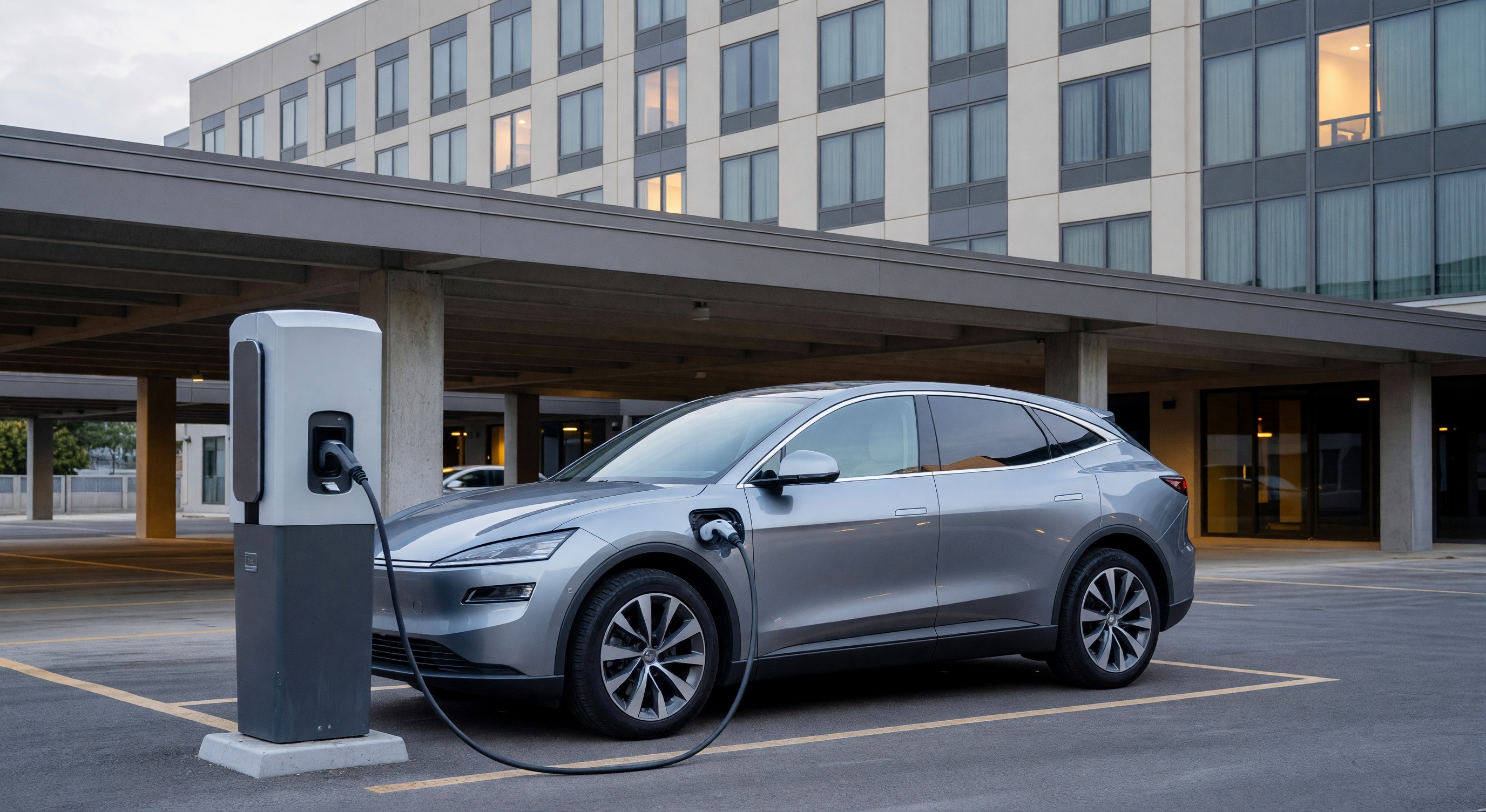 Electric vehicle charging at a hotel parking structure