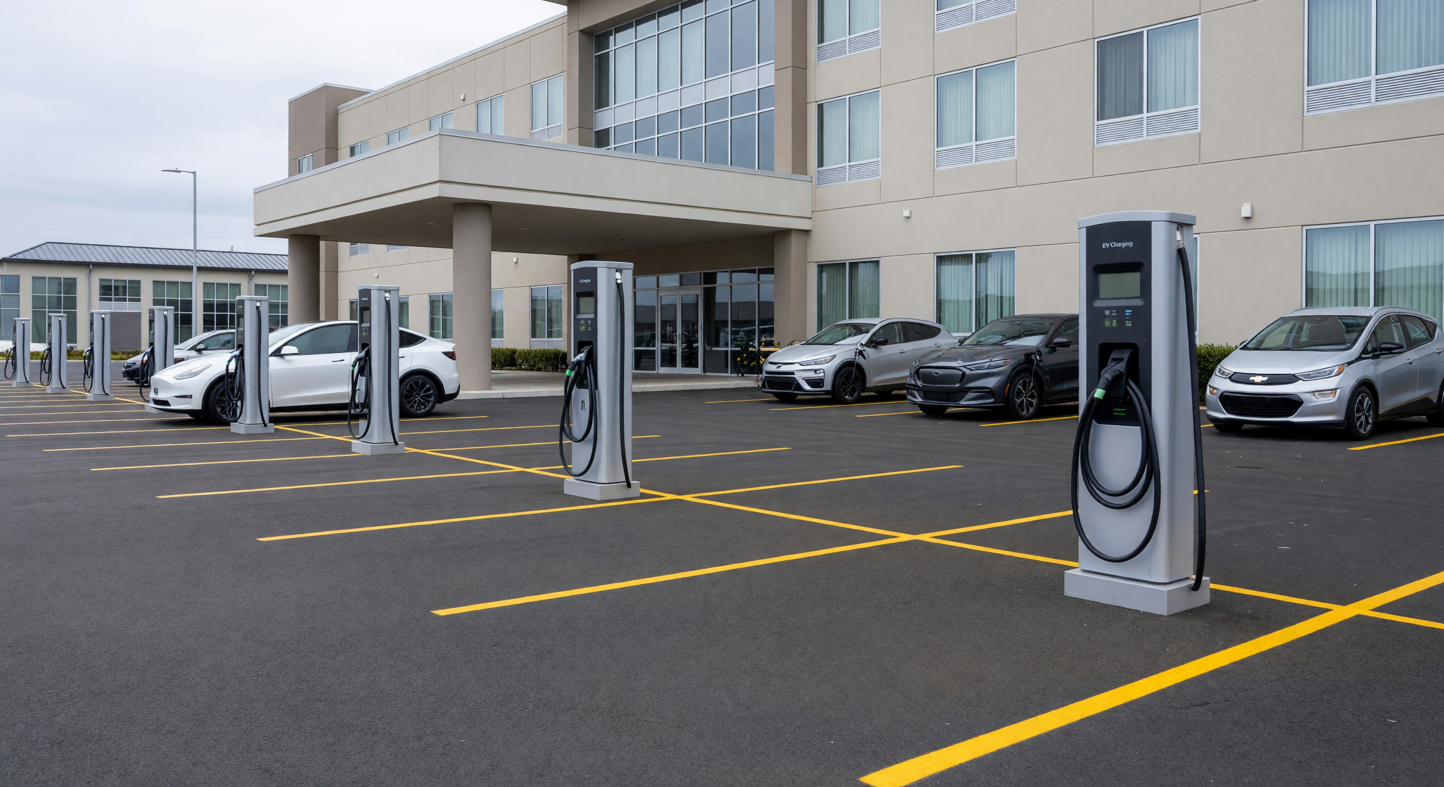 Hotel parking lot with multiple EV charging stations installed