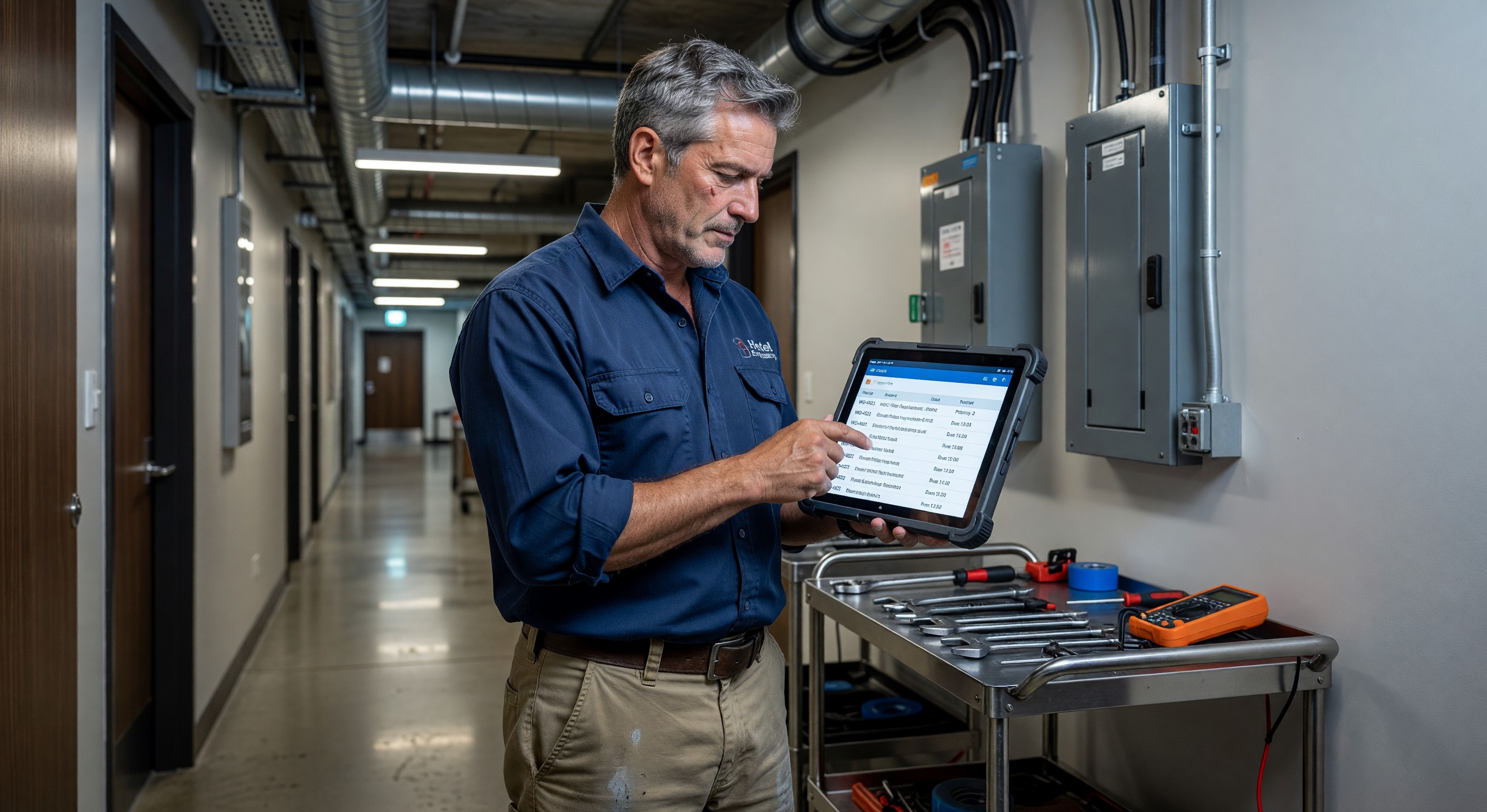 Hotel engineer using tablet with CMMS software to manage maintenance work orders