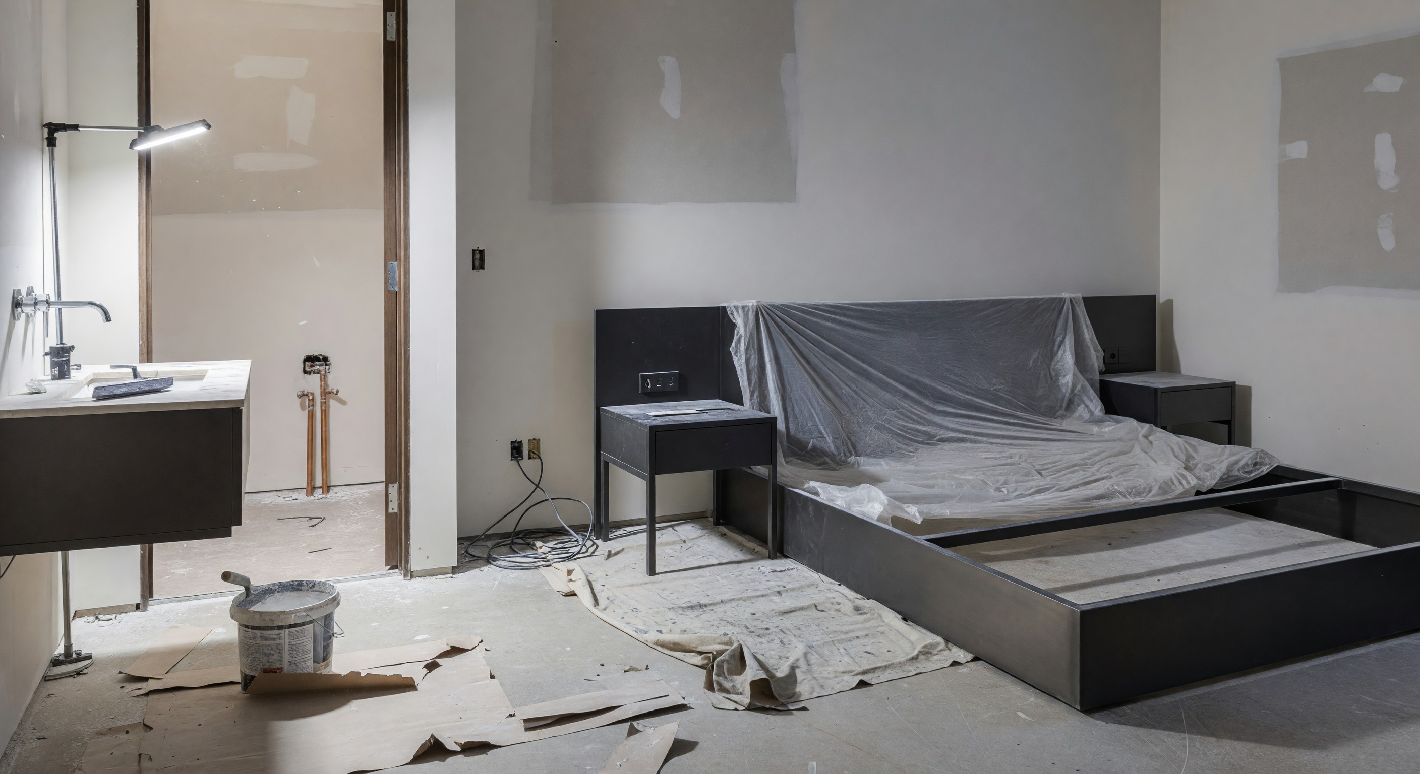 Hotel room with modern furniture and fixtures during renovation