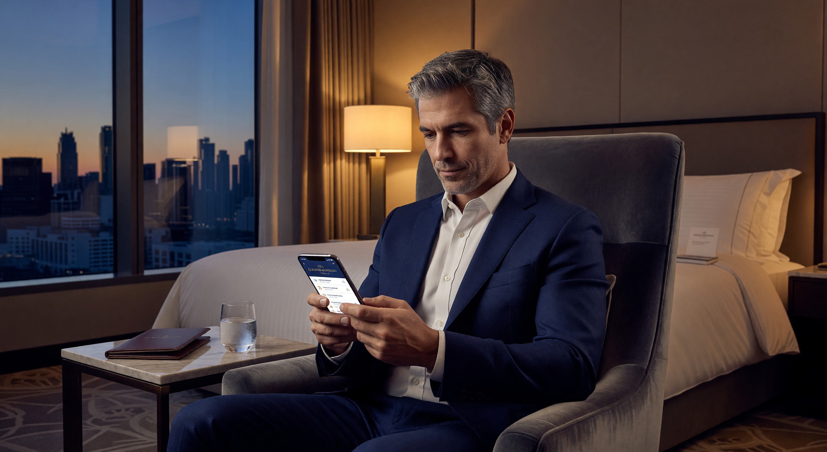 Hotel guest using branded mobile app on smartphone