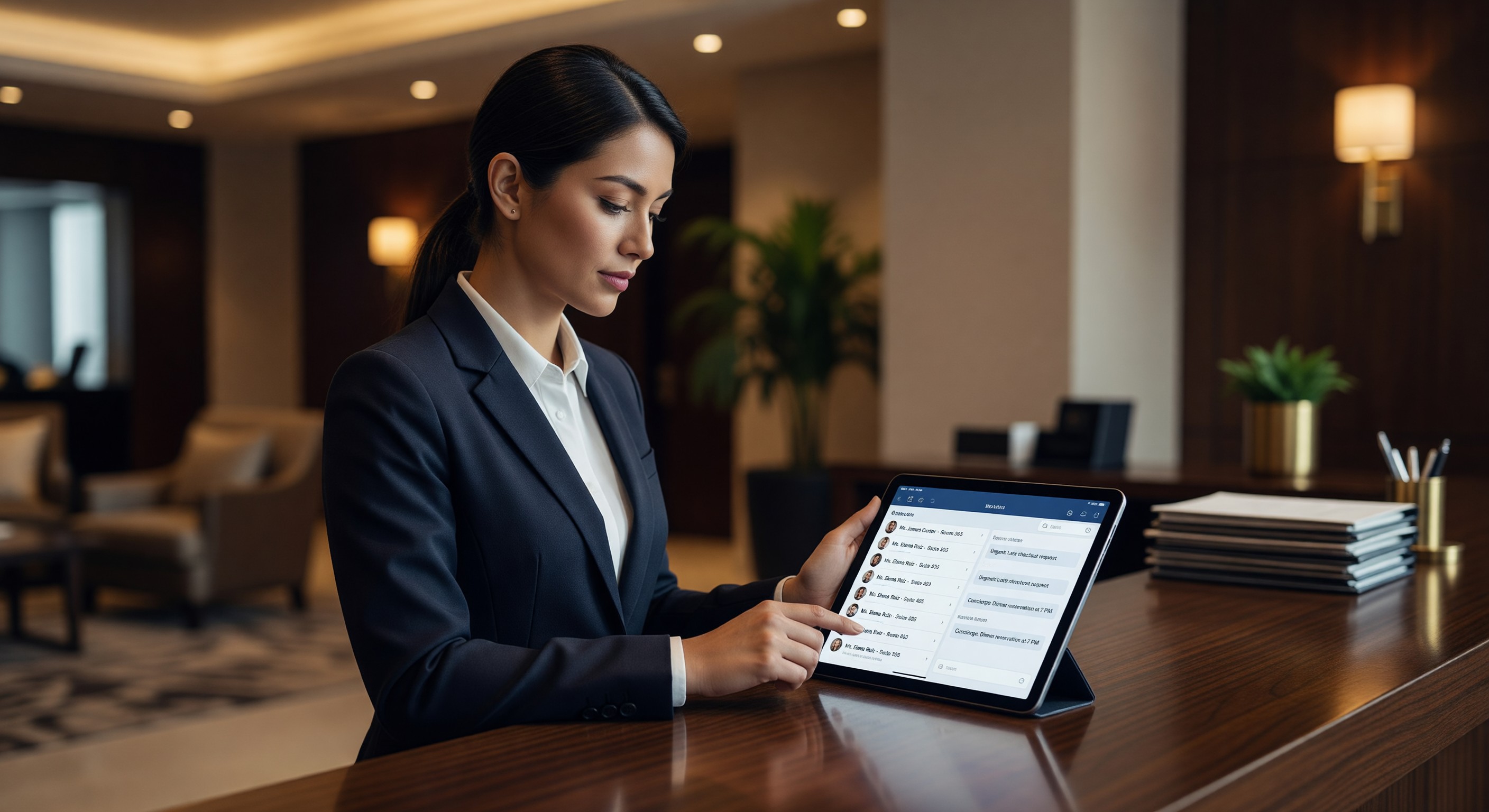 Hotel front desk agent managing guest messages on tablet with messaging platform dashboard