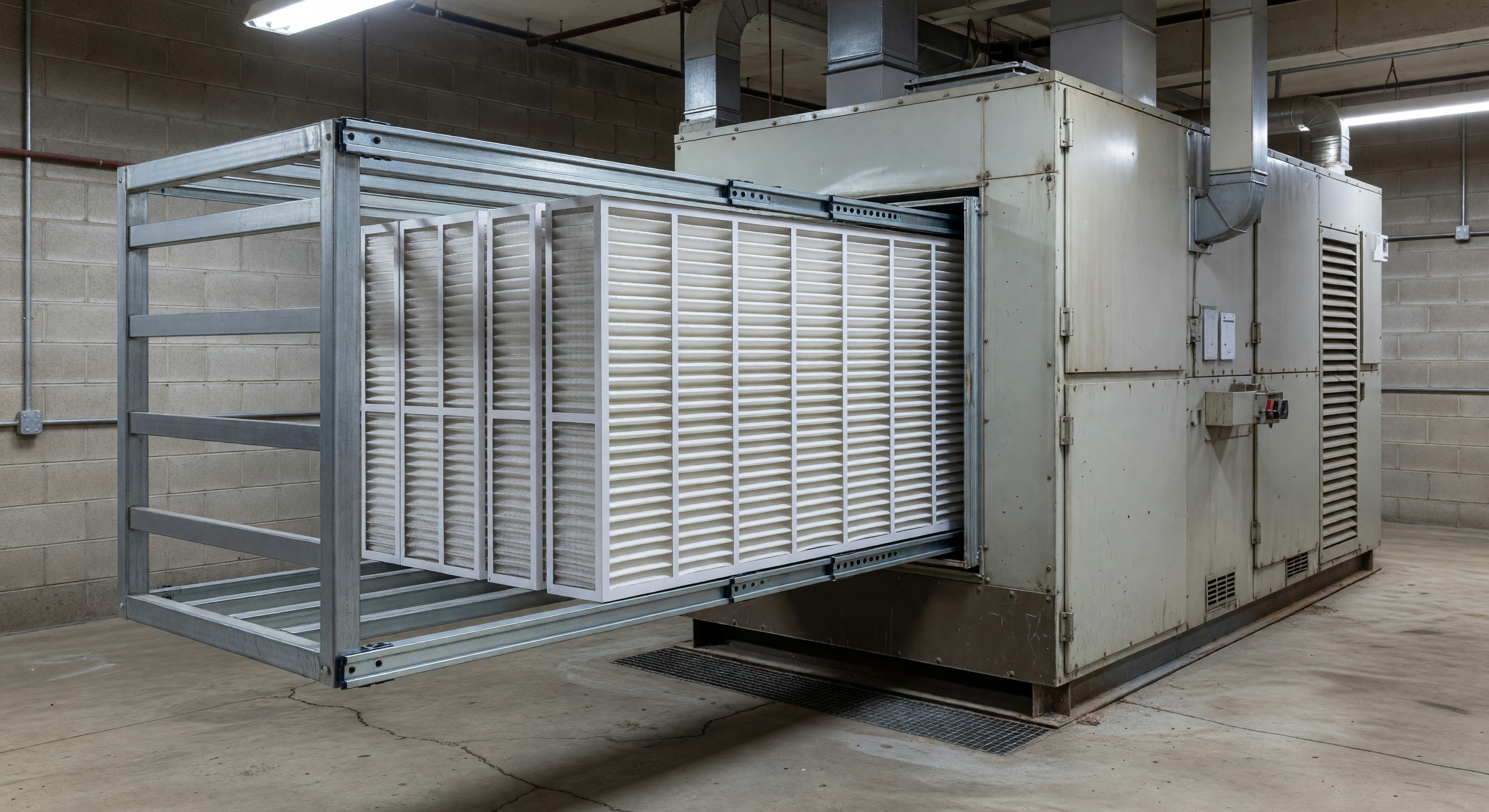 Hotel HVAC air handler with filter rack and fresh filters
