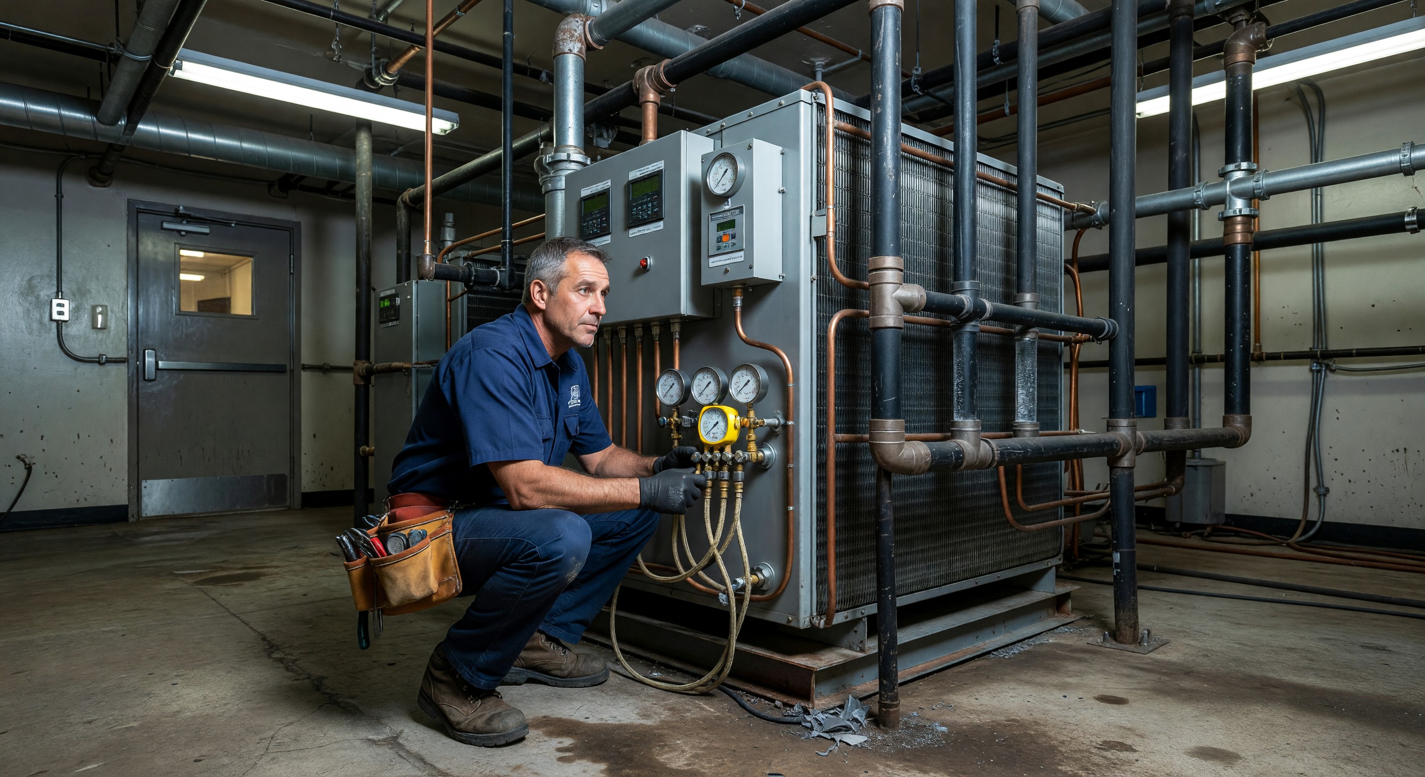 HVAC technician checking refrigerant levels on hotel cooling system