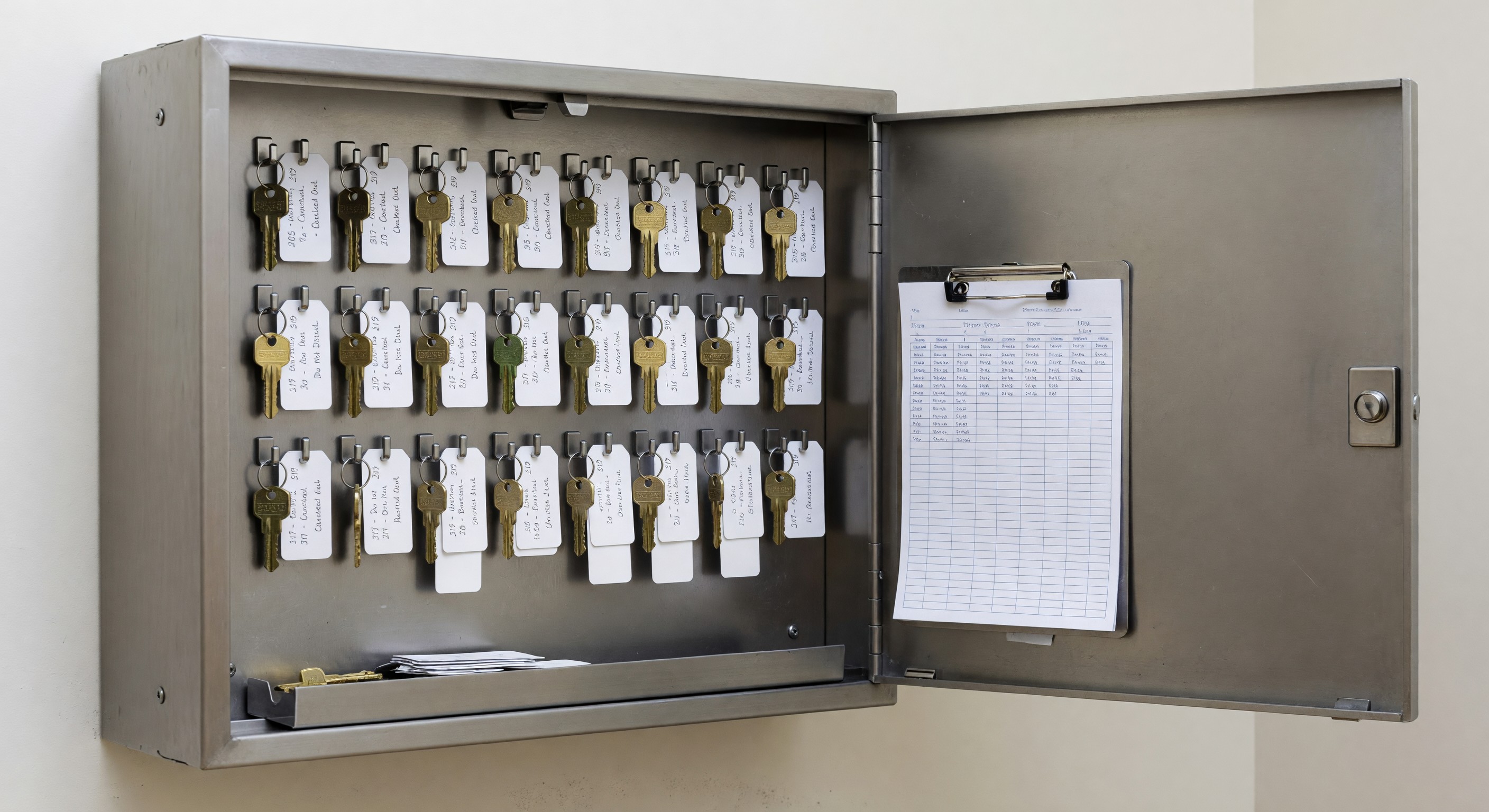 Hotel key control cabinet with organized physical key tracking system