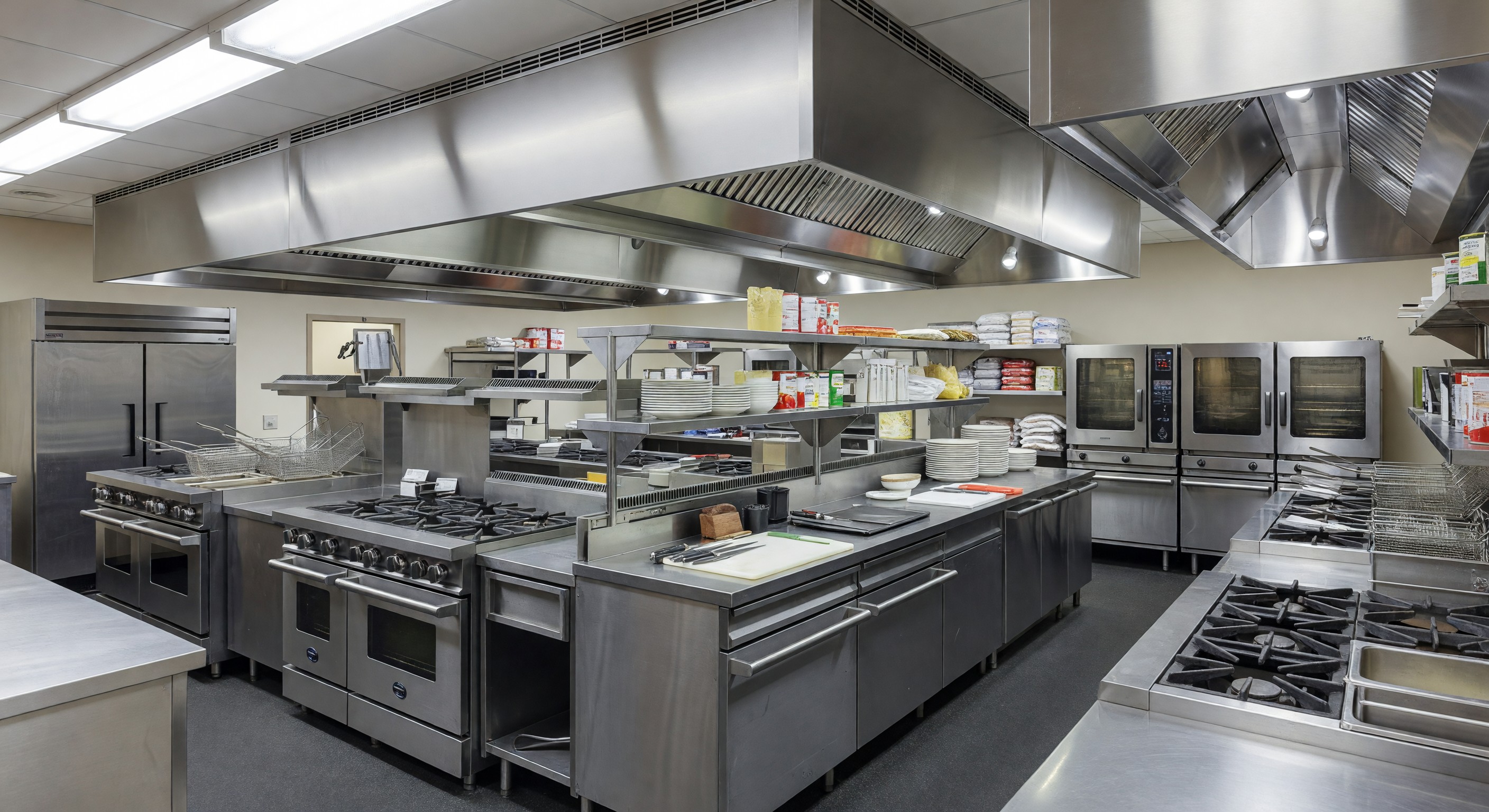 Hotel commercial kitchen with stainless steel equipment and ventilation hood