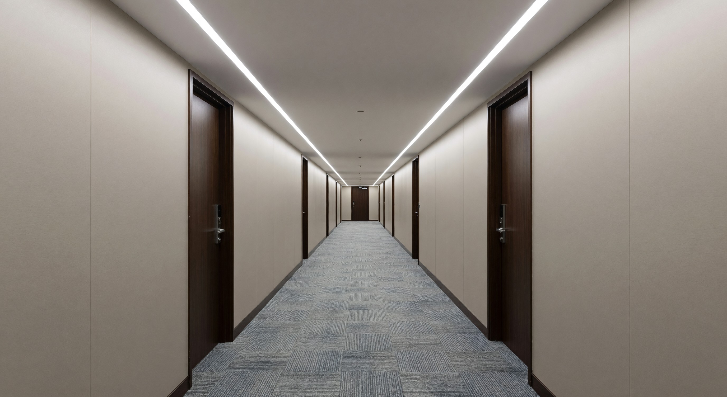 Hotel corridor with energy-efficient LED lighting