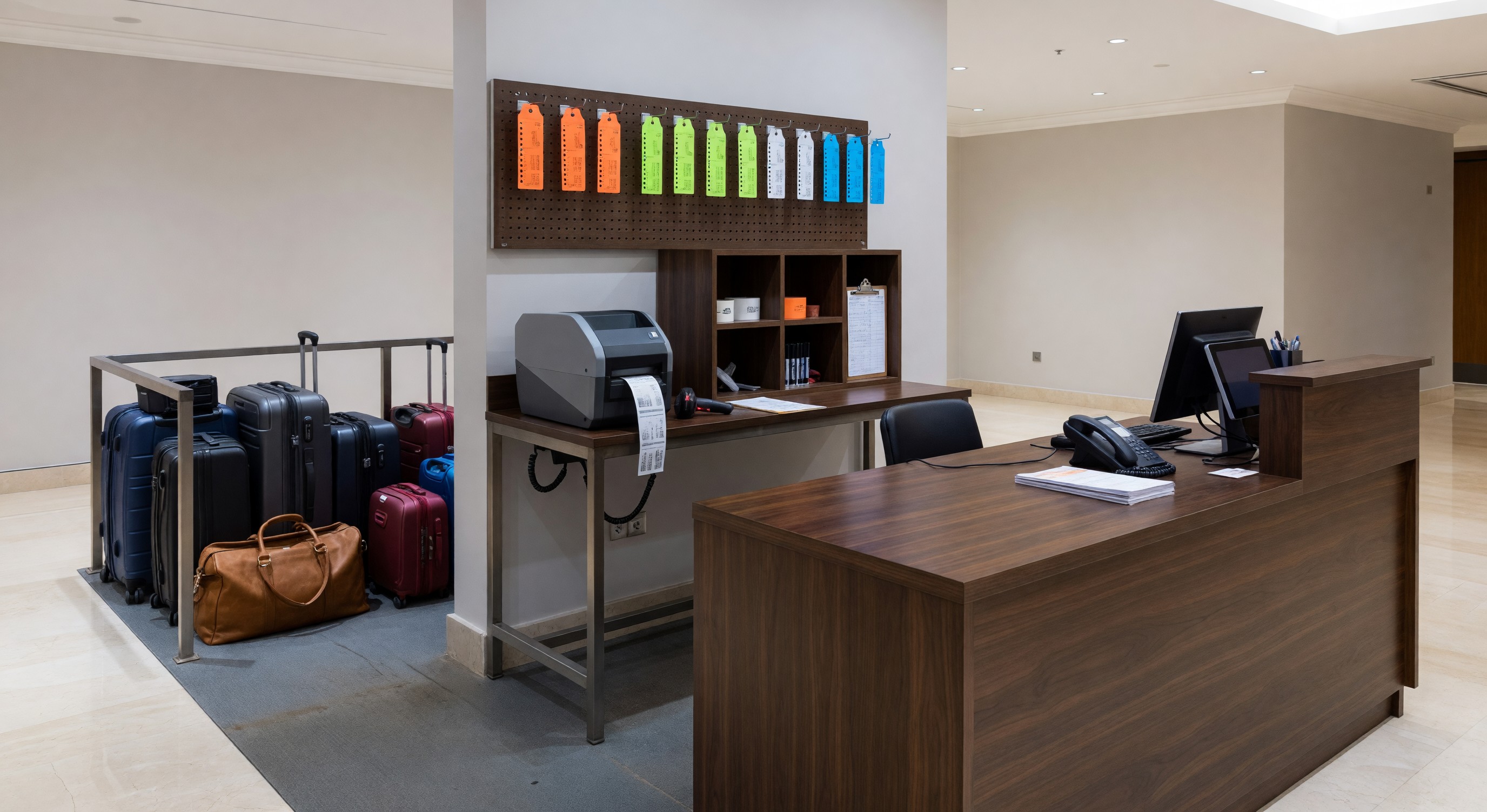 Hotel concierge desk with luggage storage area and baggage tagging system