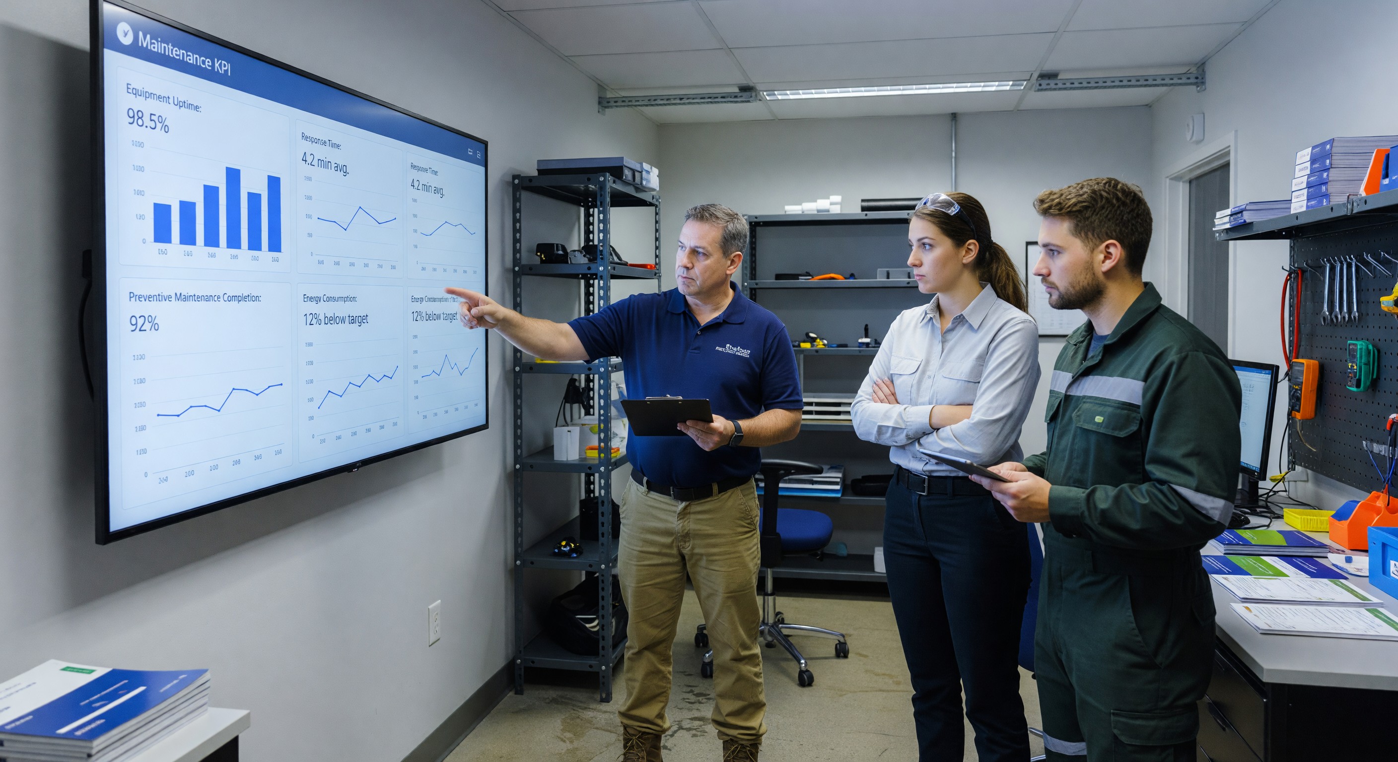 Hotel engineering team reviewing maintenance KPI dashboard on screen showing performance metrics