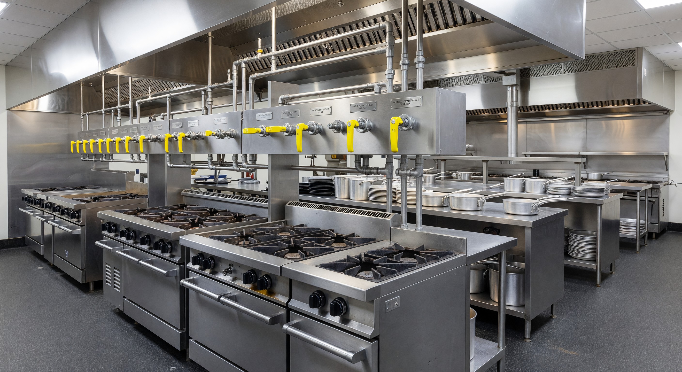 Hotel commercial kitchen gas equipment with gas shutoff valves visible