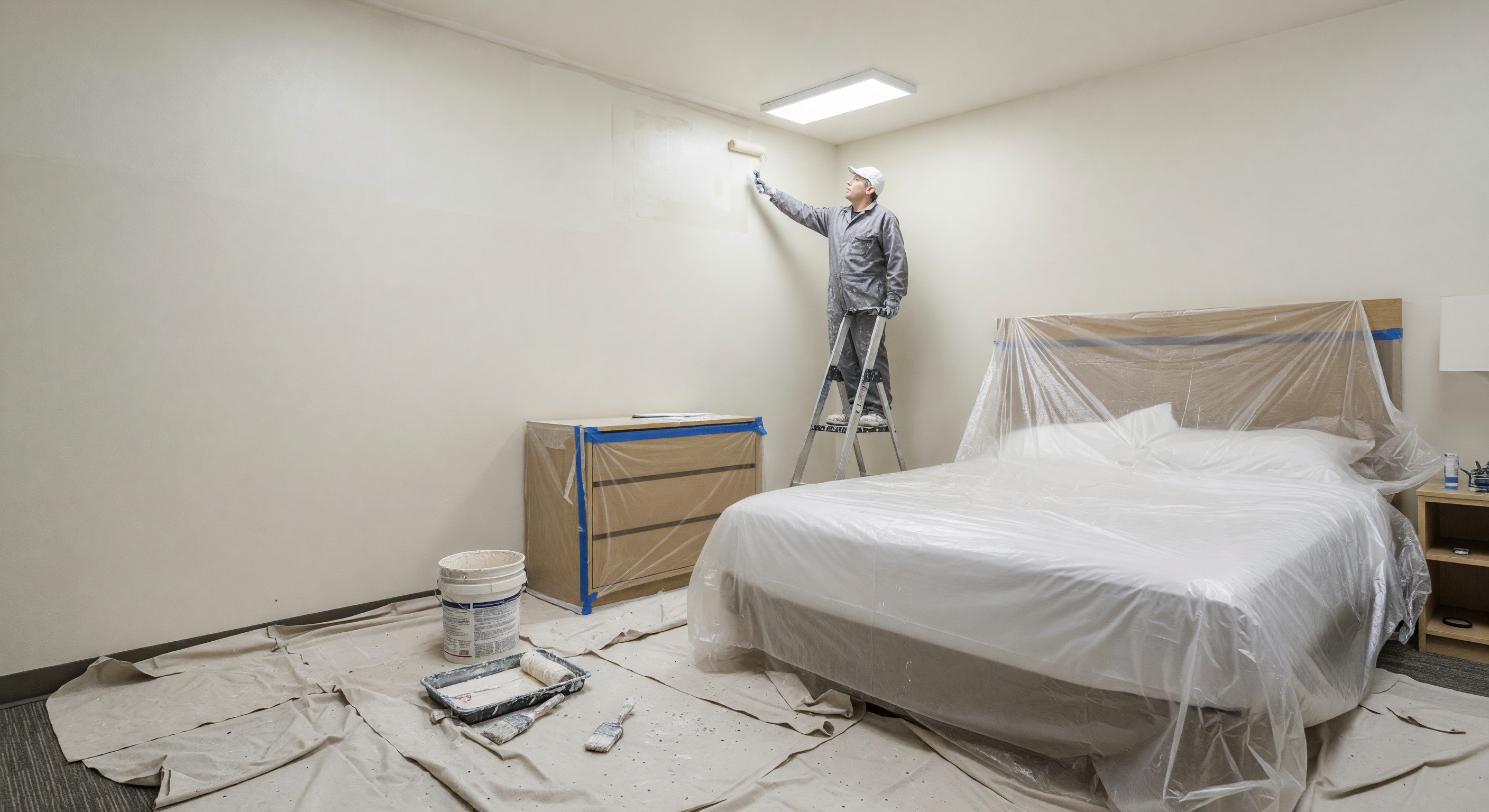 Hotel guest room being freshly painted during a scheduled maintenance cycle