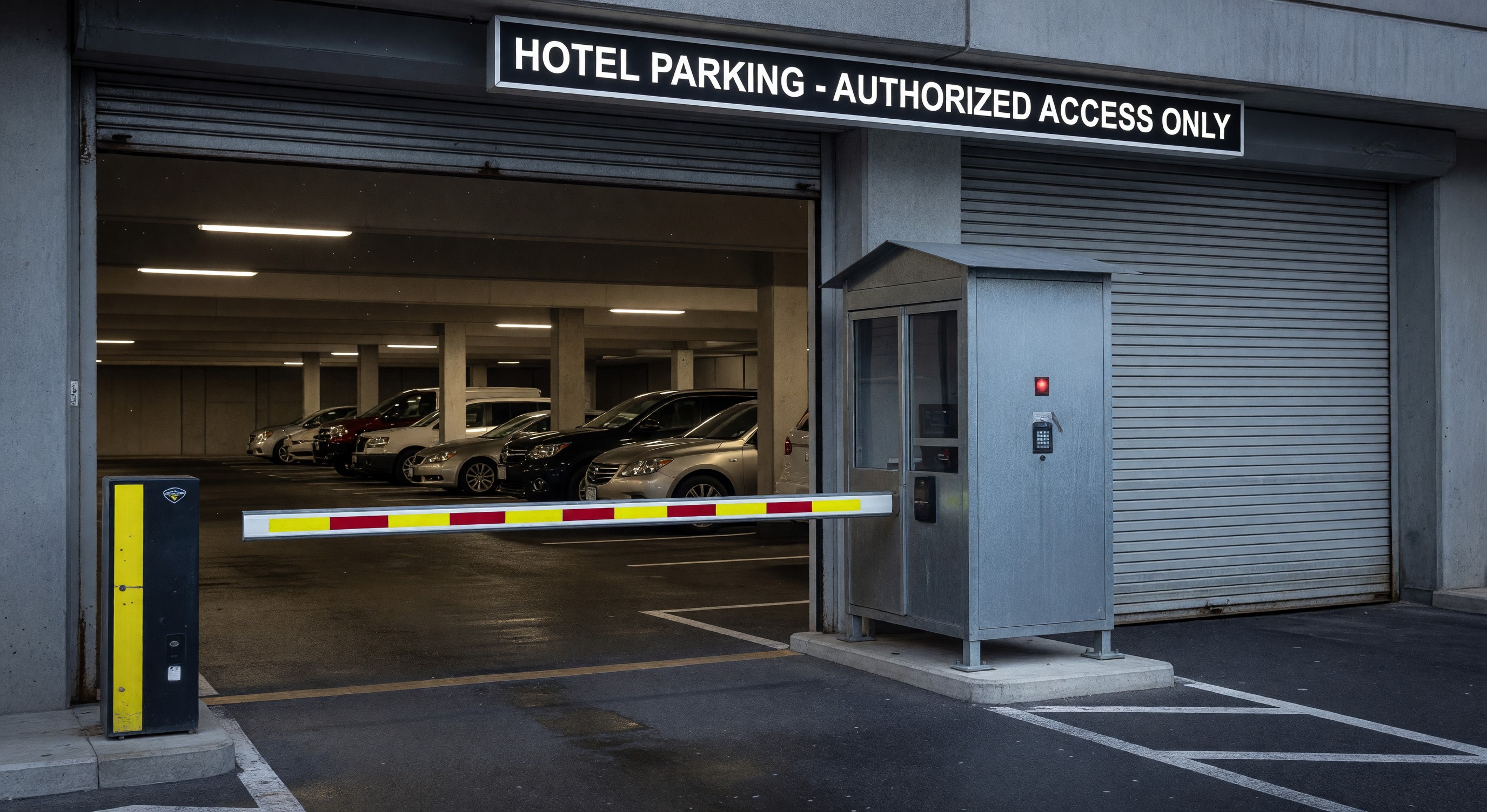 Hotel parking garage entry with access control barrier gate
