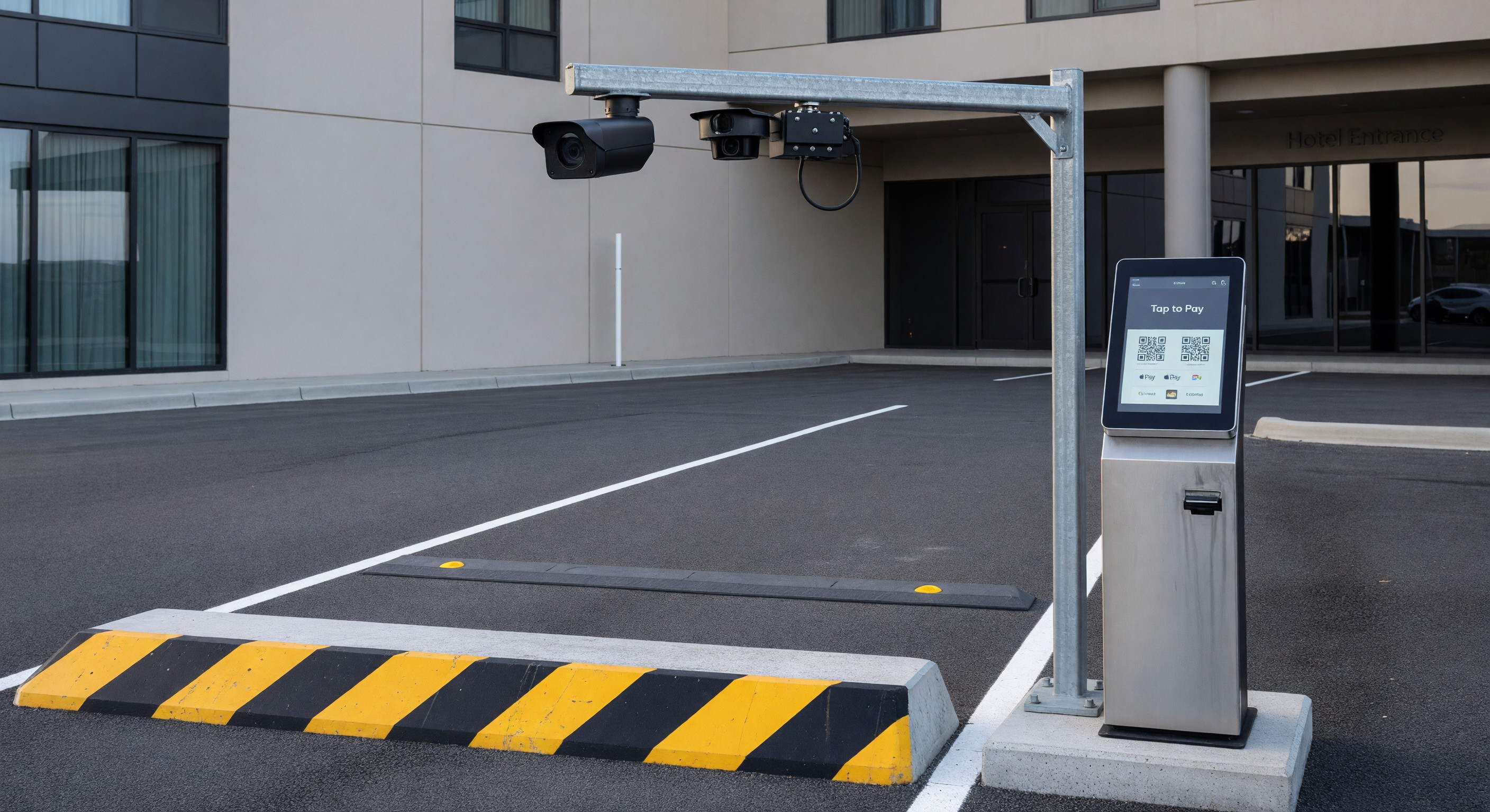 Hotel parking entry with license plate recognition camera and mobile payment option