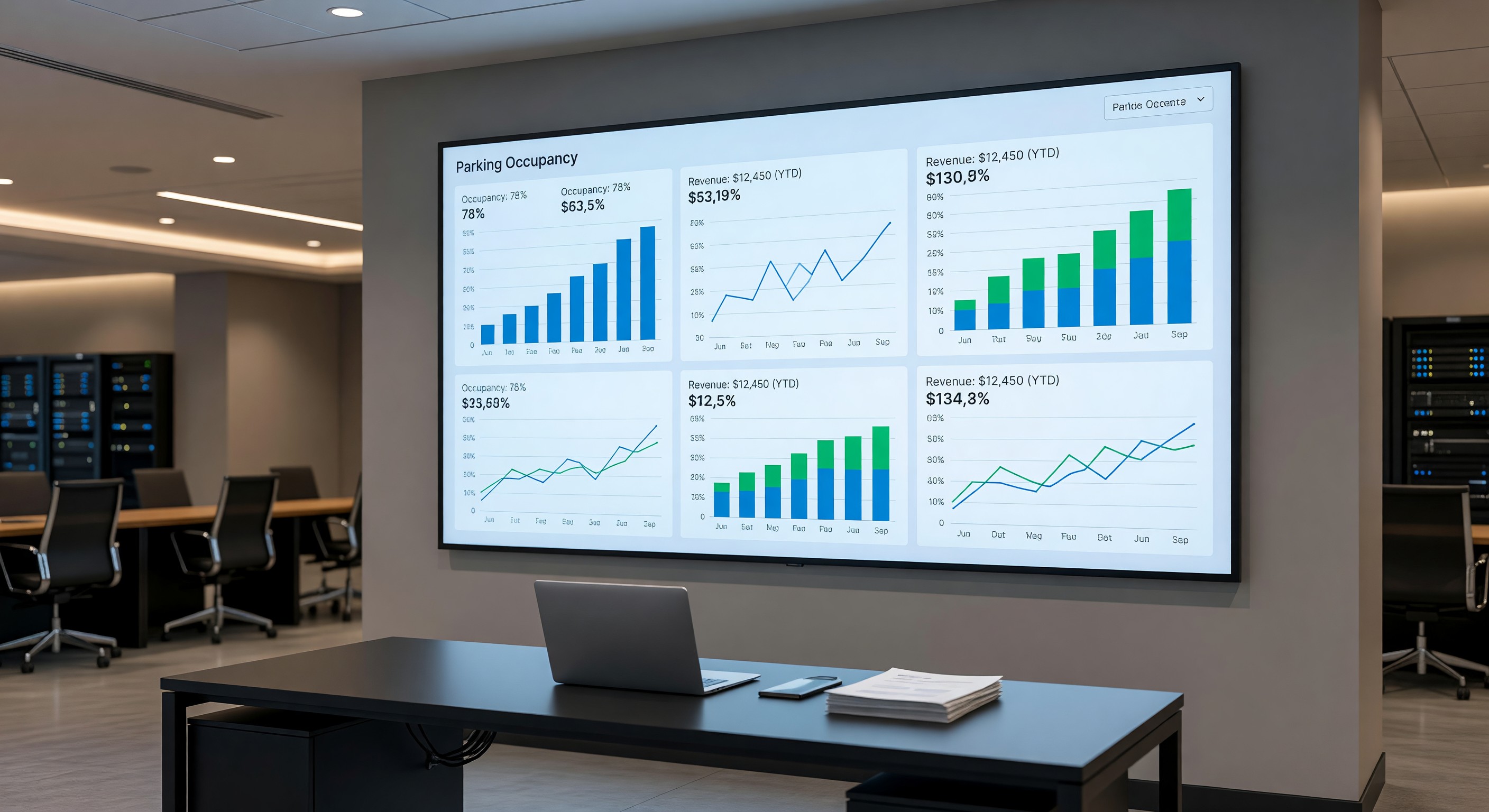Dashboard showing hotel parking occupancy and revenue analytics data
