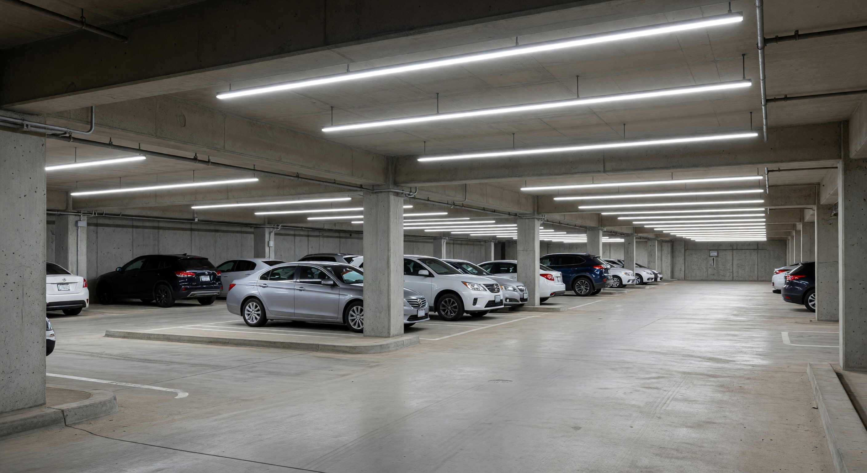 Hotel parking garage with LED lighting installed throughout