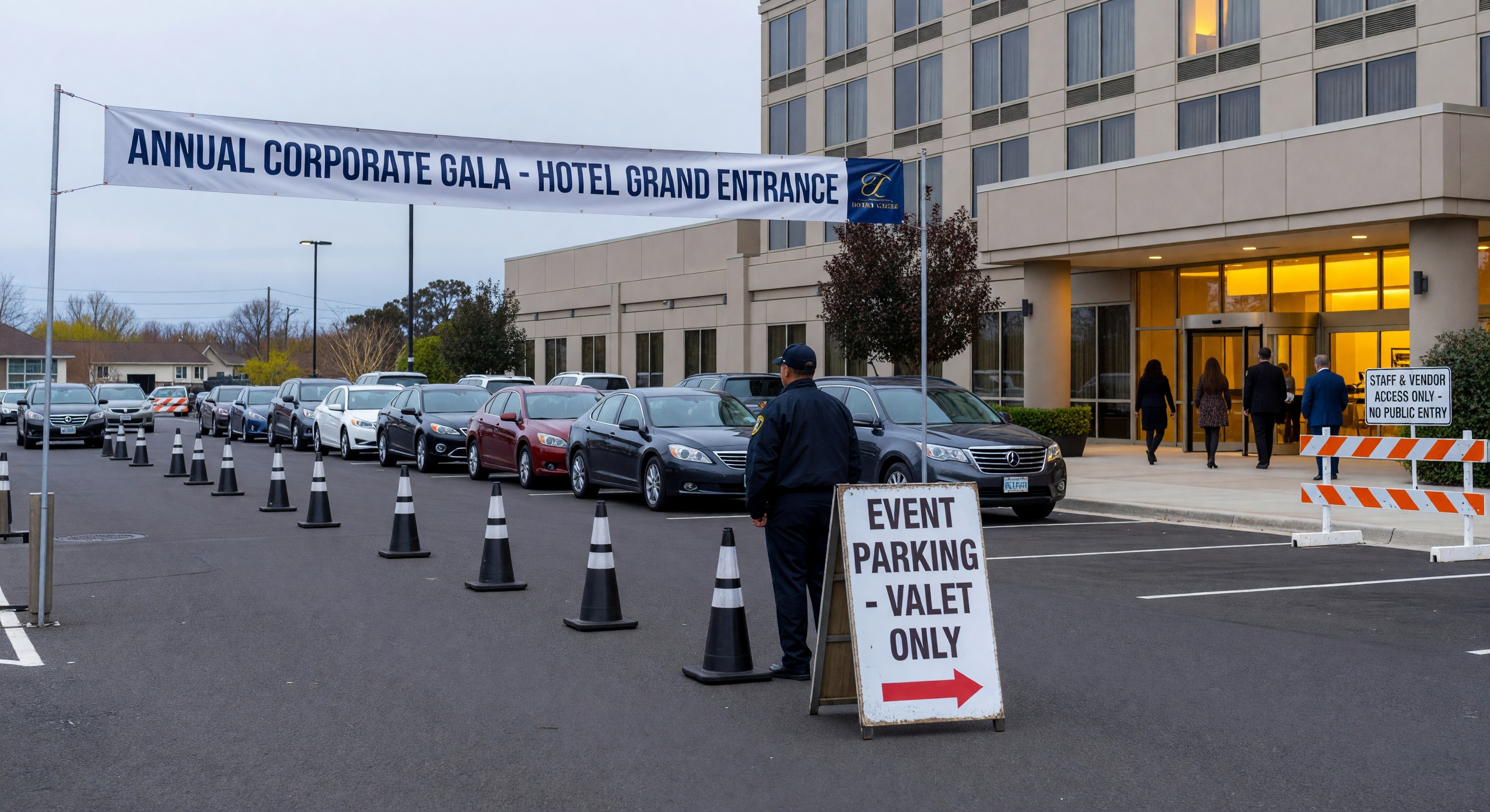 Hotel parking facility with event signage and traffic management