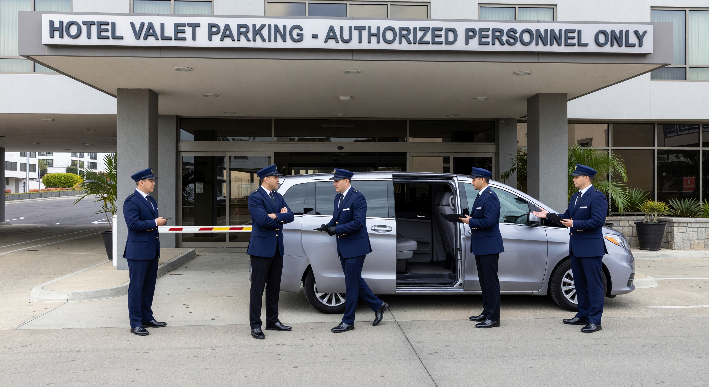Hotel valet team with shuttle vehicle and parking facility entrance