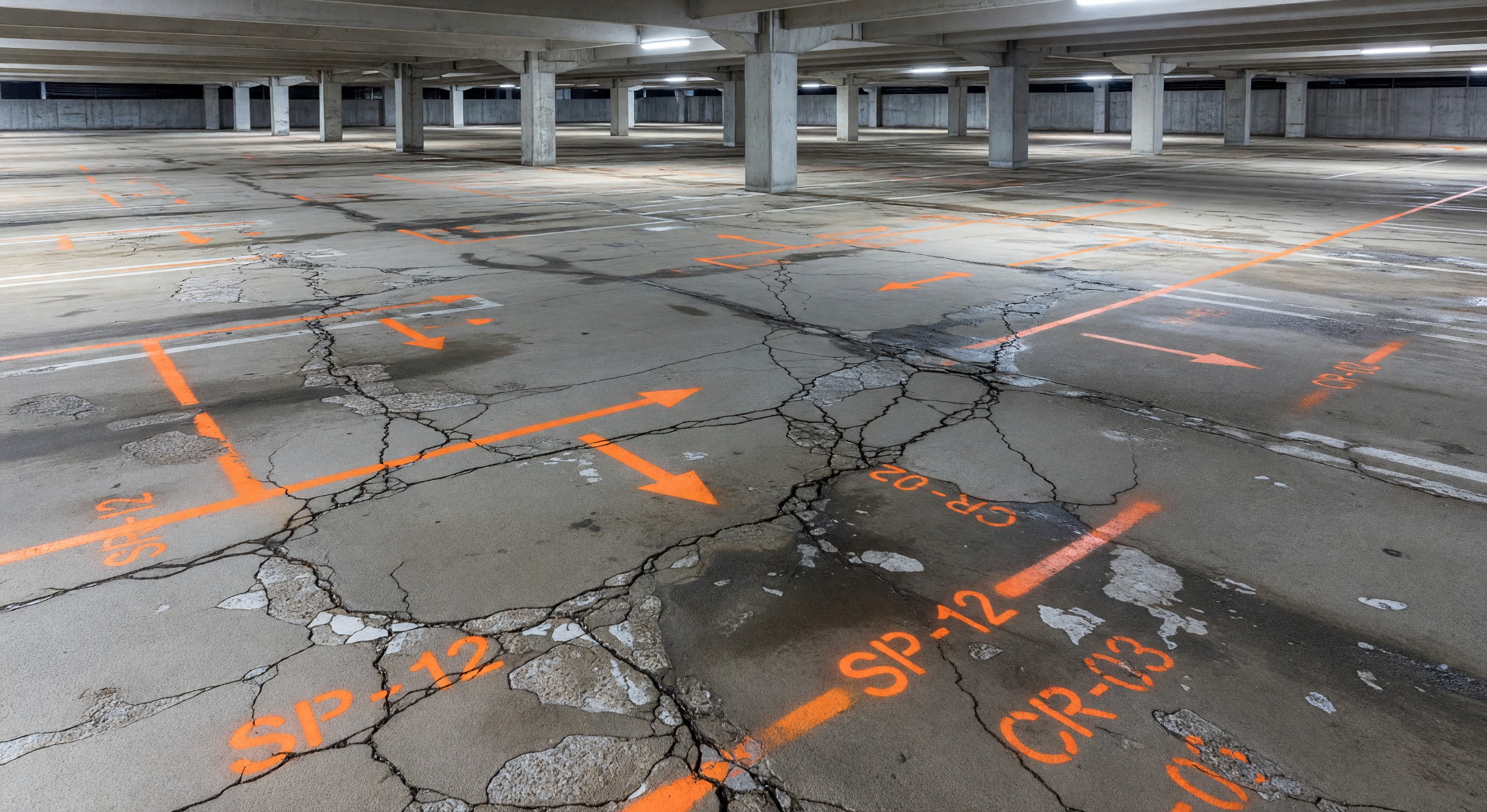 Parking garage concrete deck showing surface deterioration and inspection markings