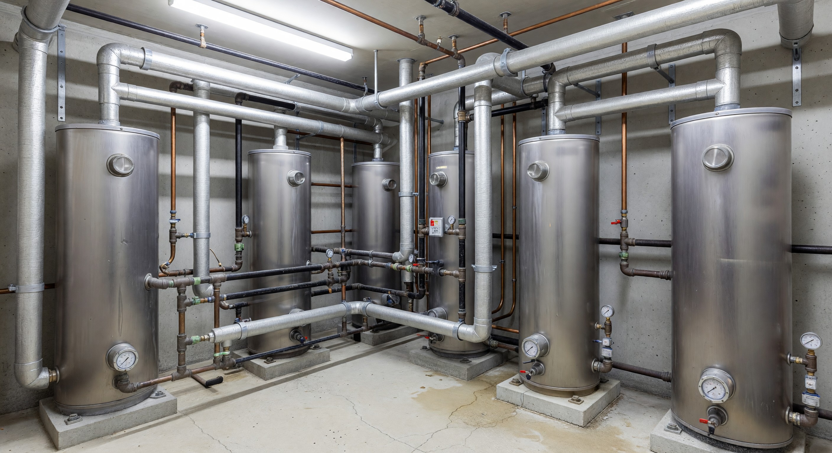Hotel mechanical room with domestic hot water heaters and piping