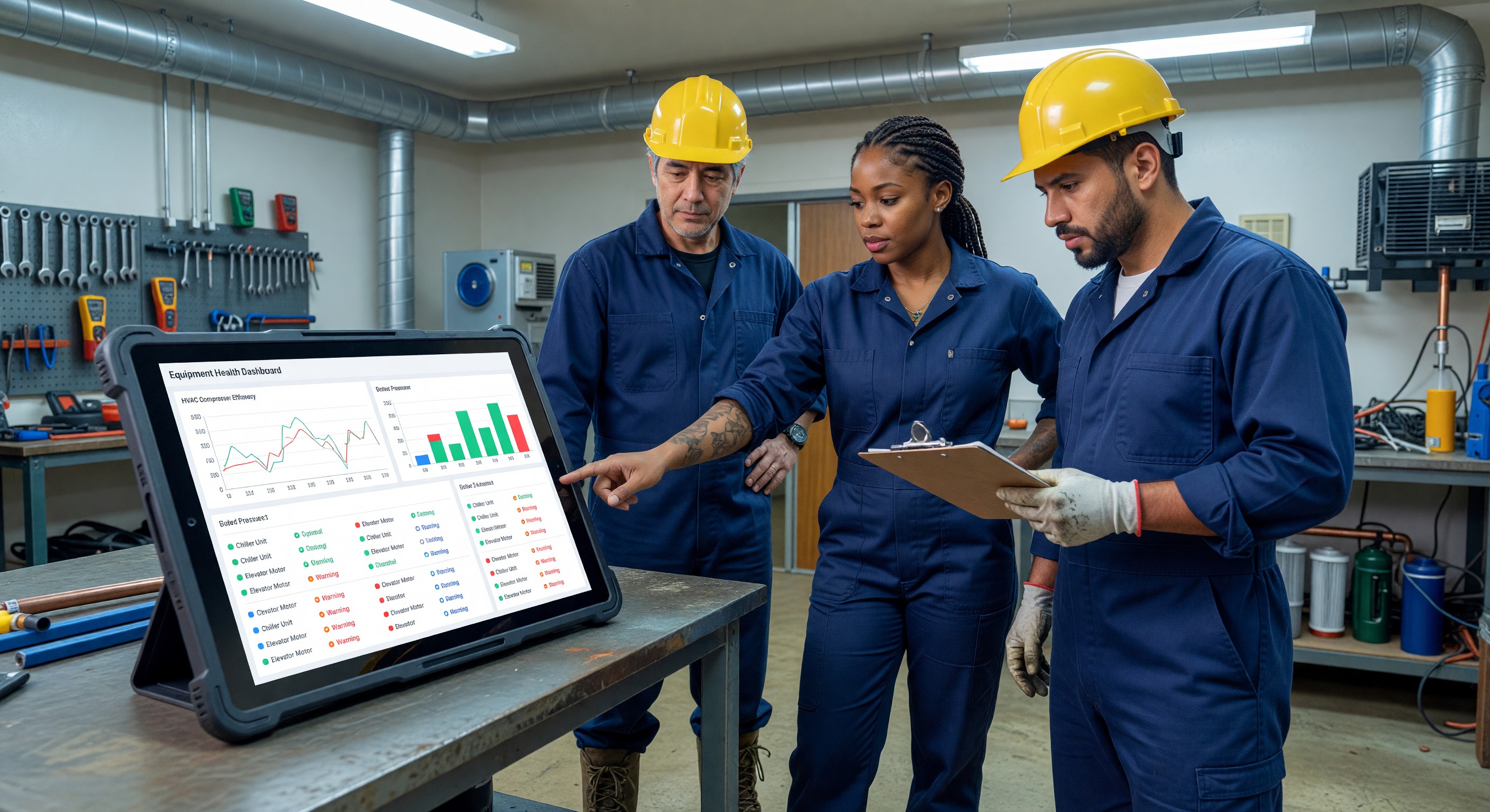 Hotel engineering team reviewing equipment health dashboard on tablet