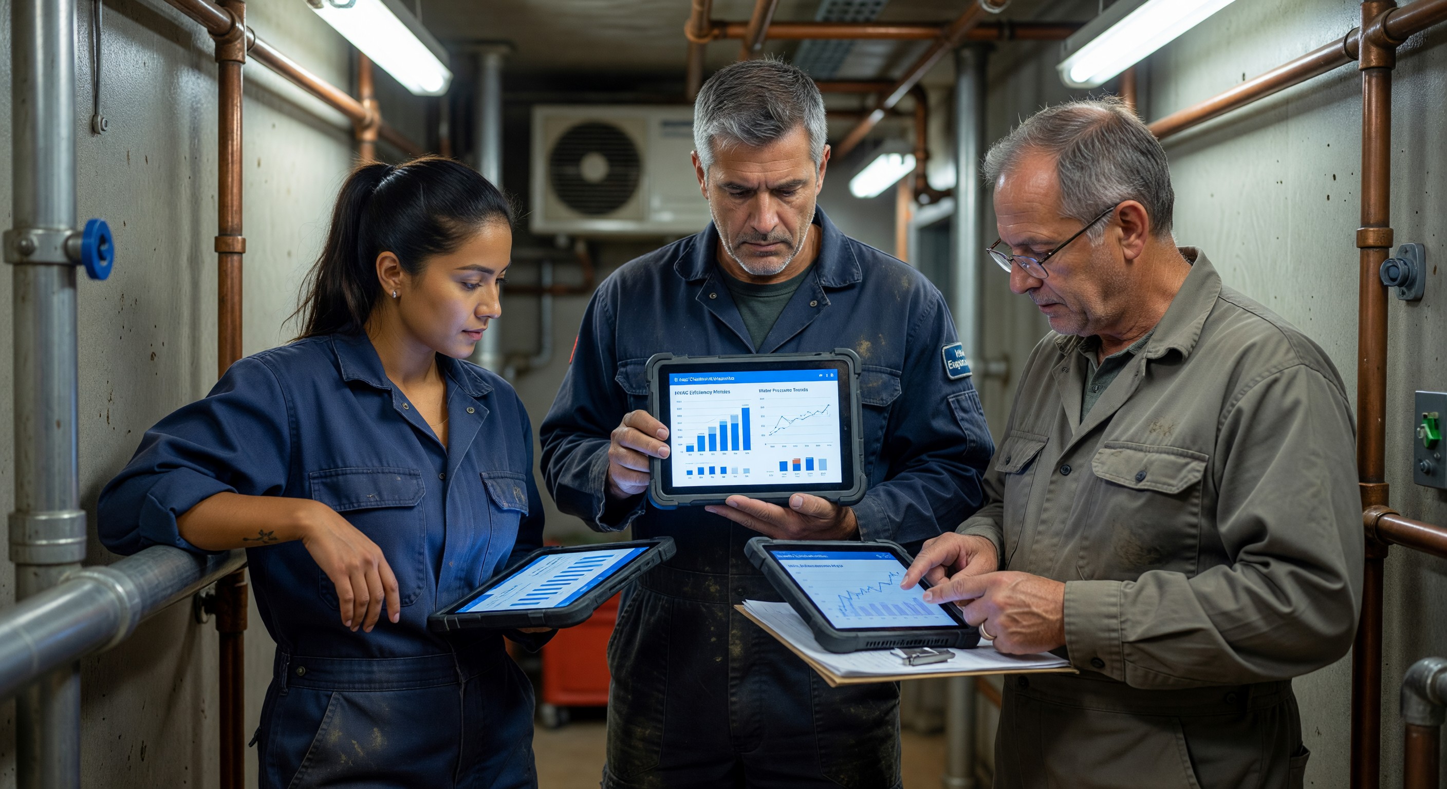 Hotel maintenance team reviewing equipment performance data on tablets