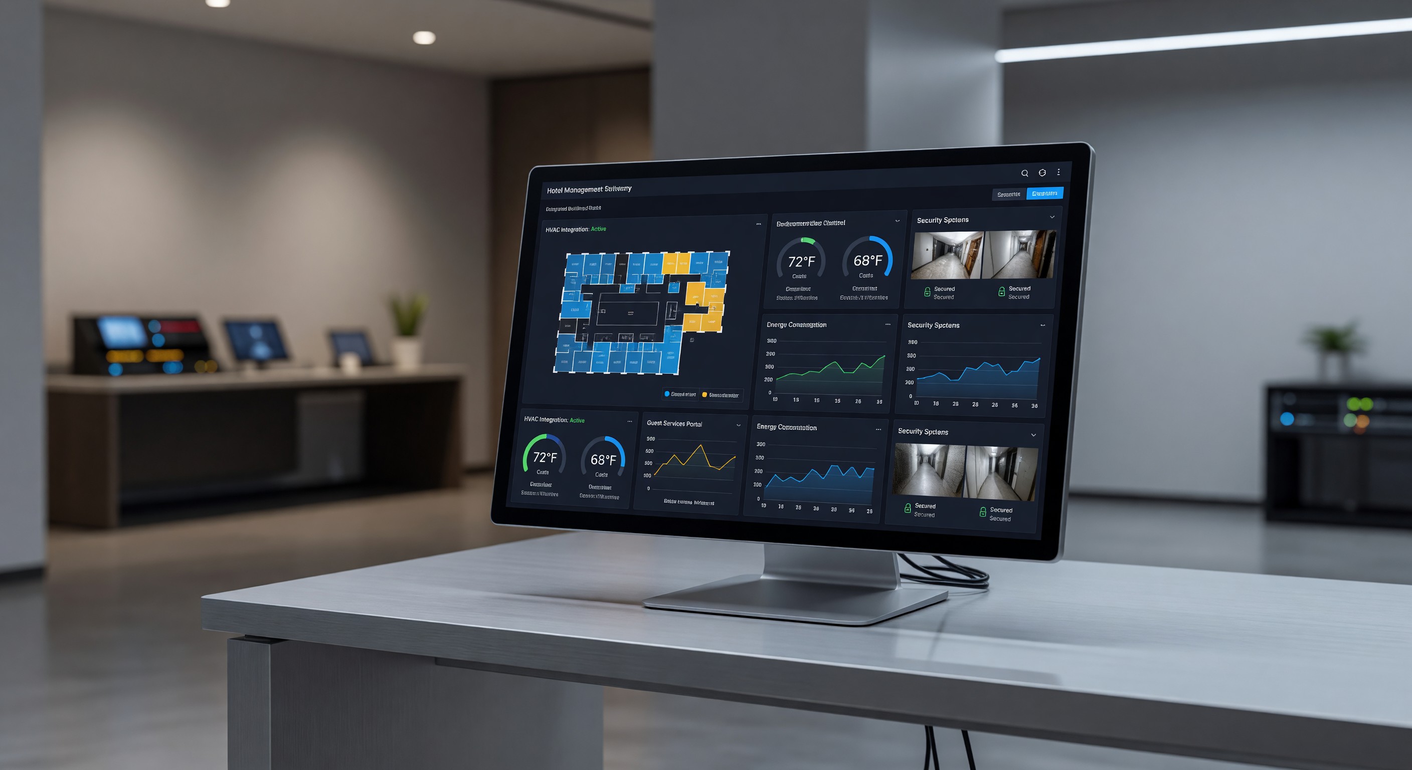 Hotel management software dashboard showing integrated building systems