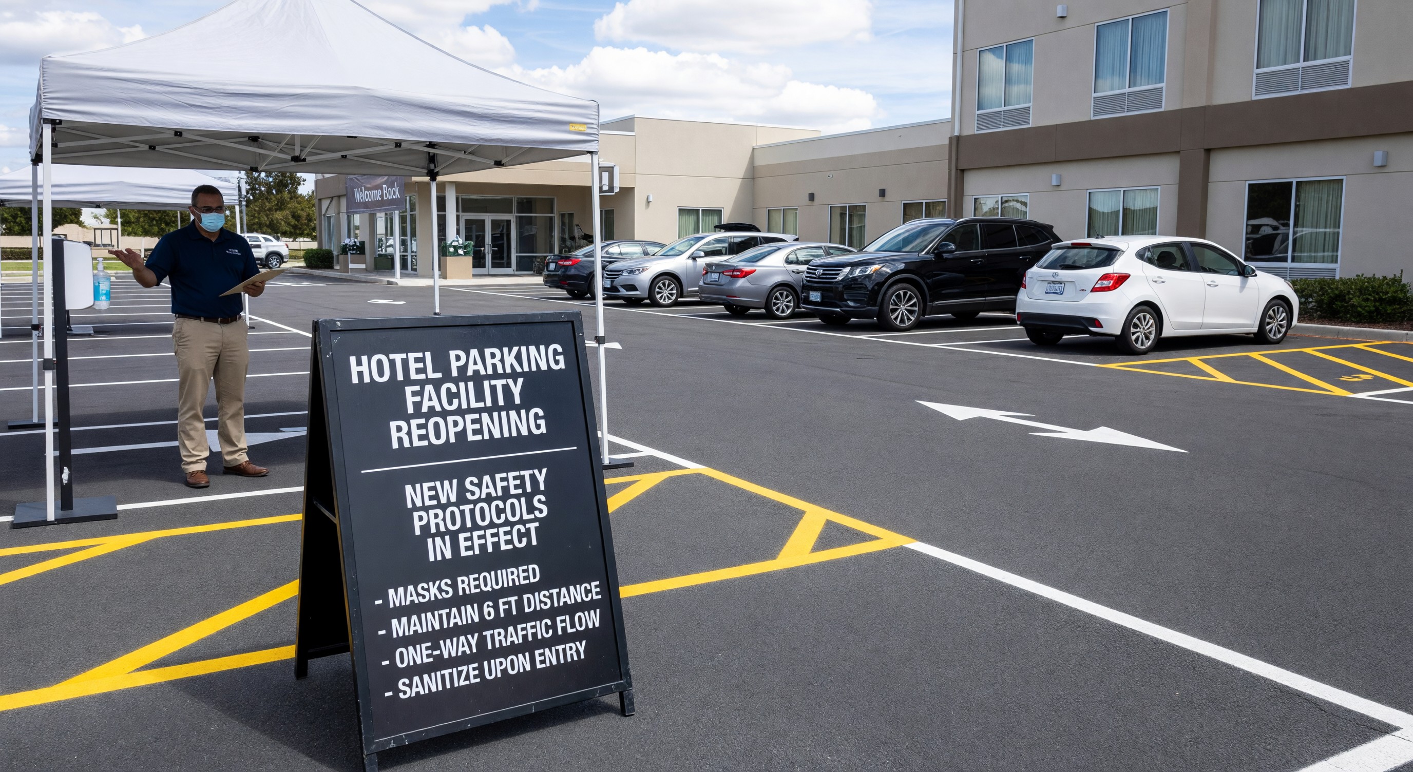 Hotel parking facility reopening with new safety protocols signage