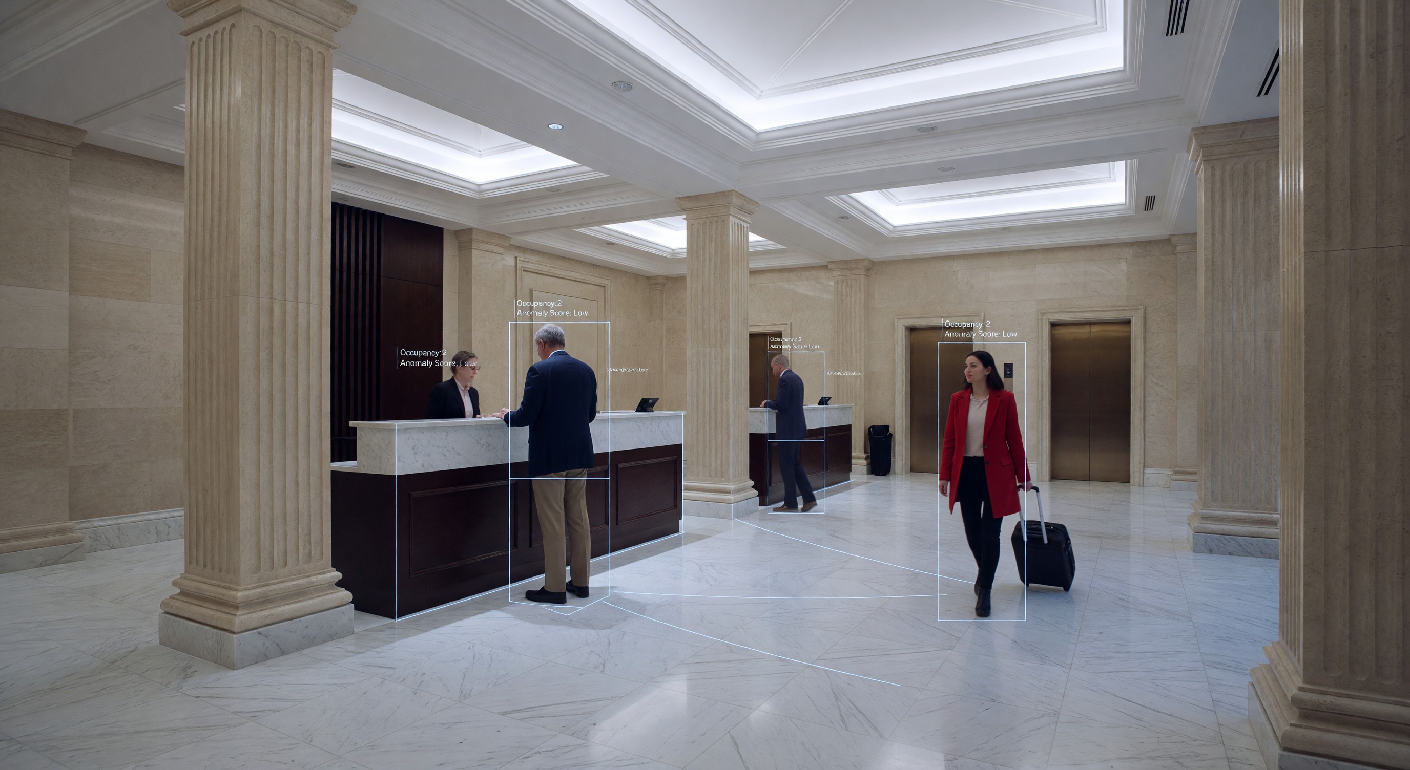 Hotel security camera with AI video analytics overlay