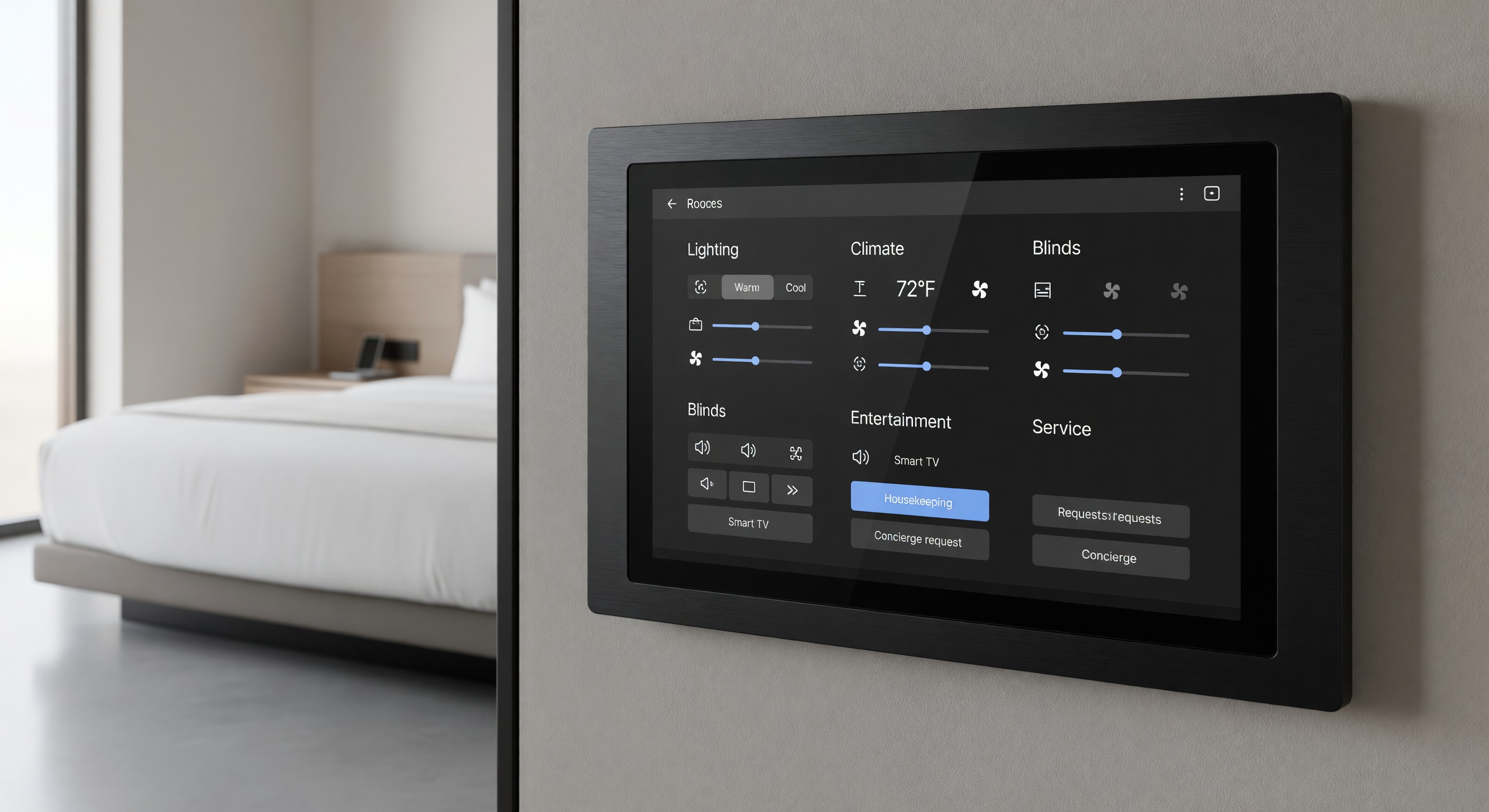 Modern hotel smart room control panel showing room controls