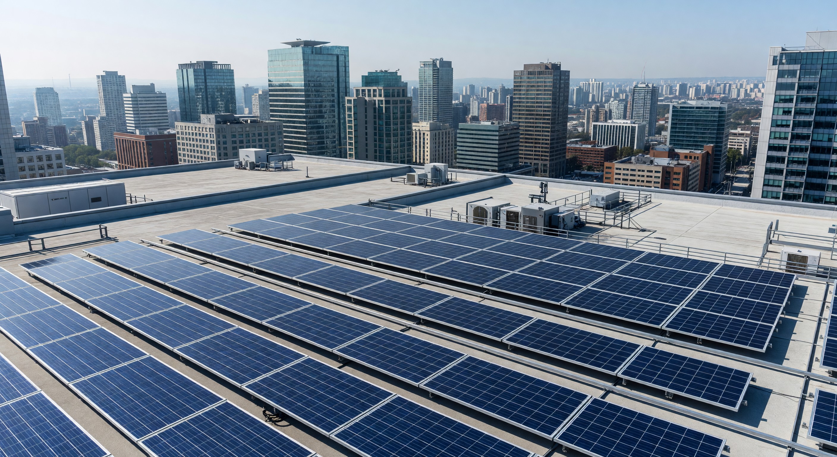 Solar panels installed on hotel rooftop with city view