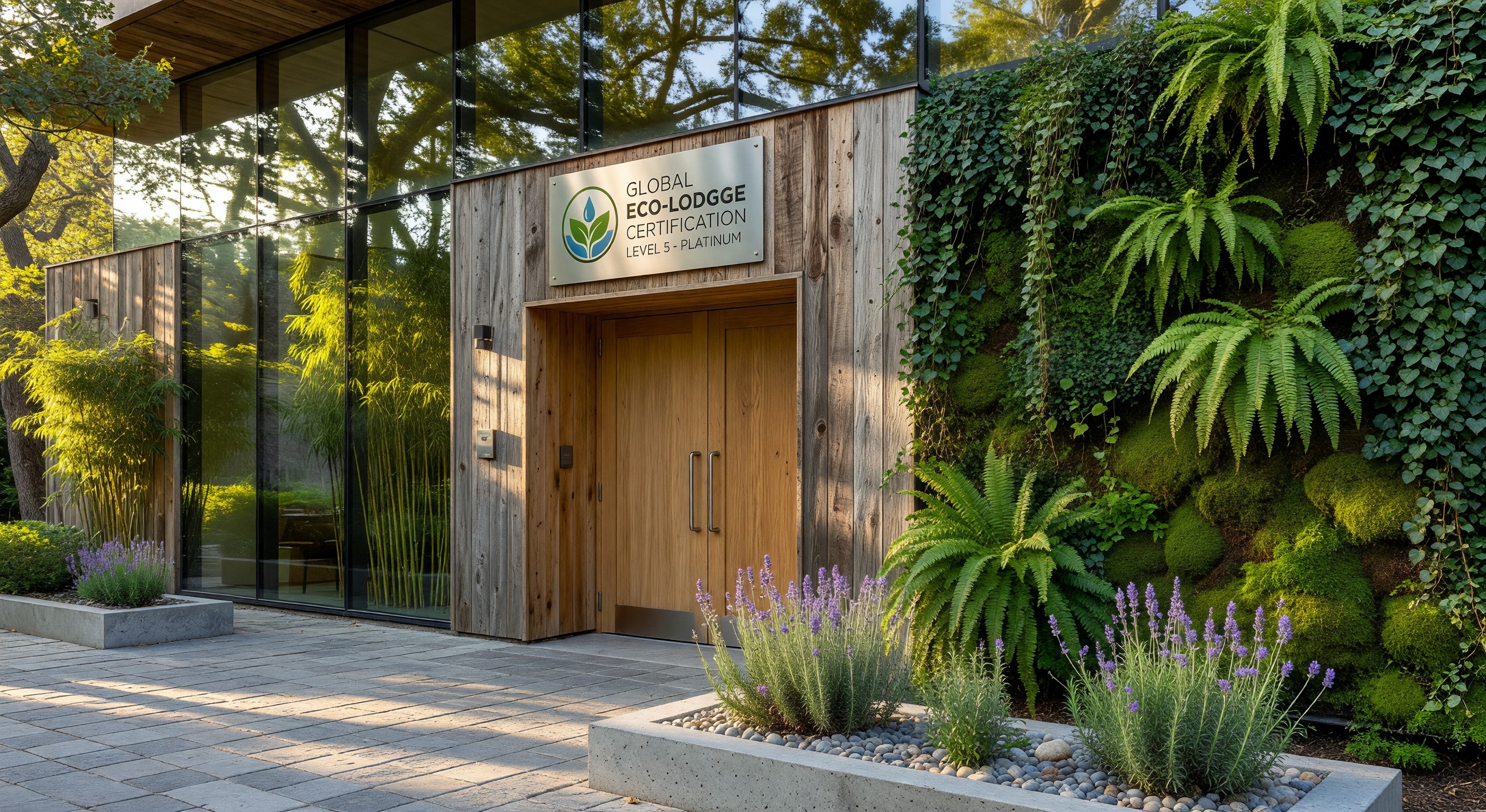 Hotel with sustainability certification displayed at entrance