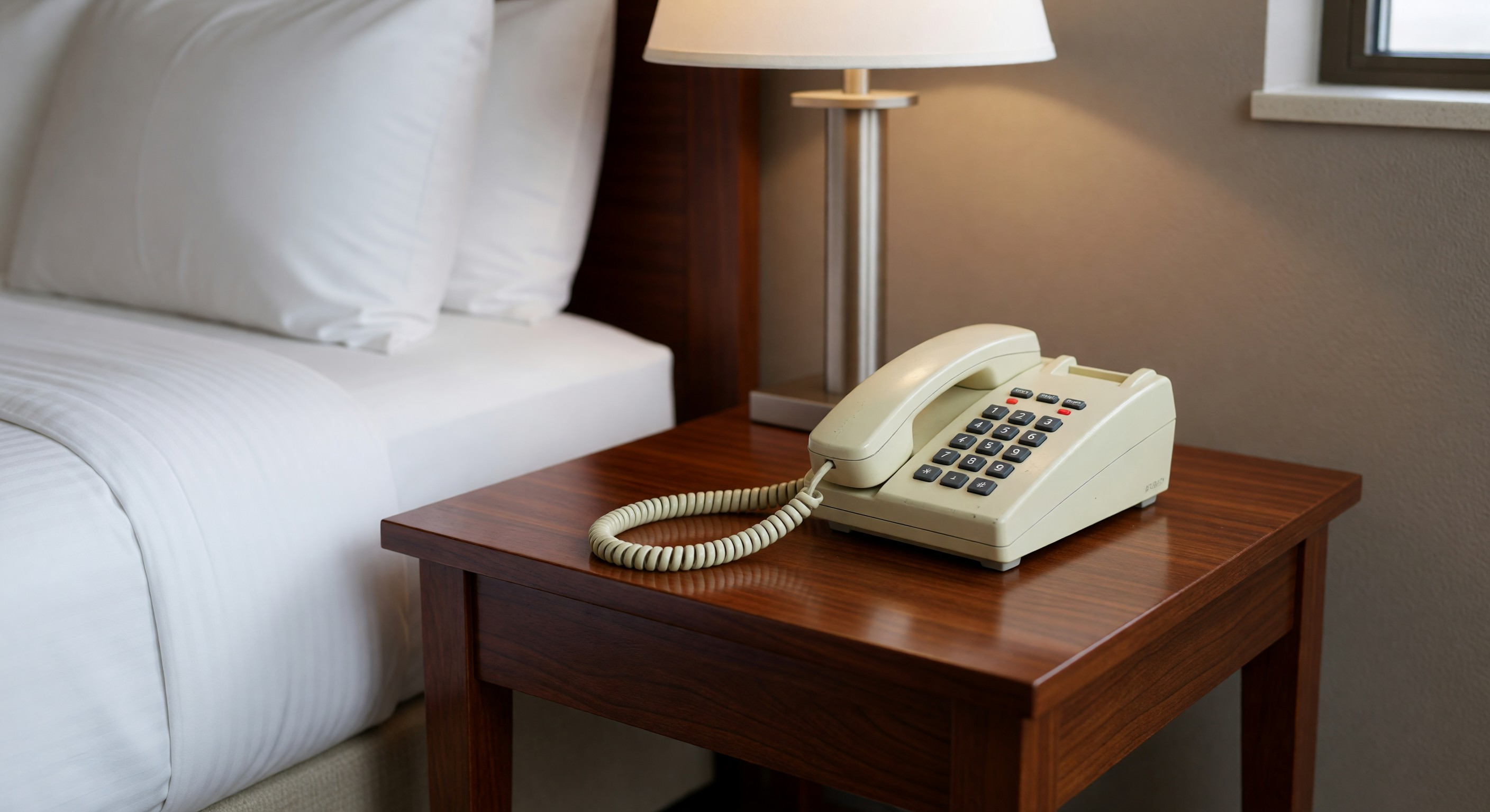 Hotel room bedside telephone and handset