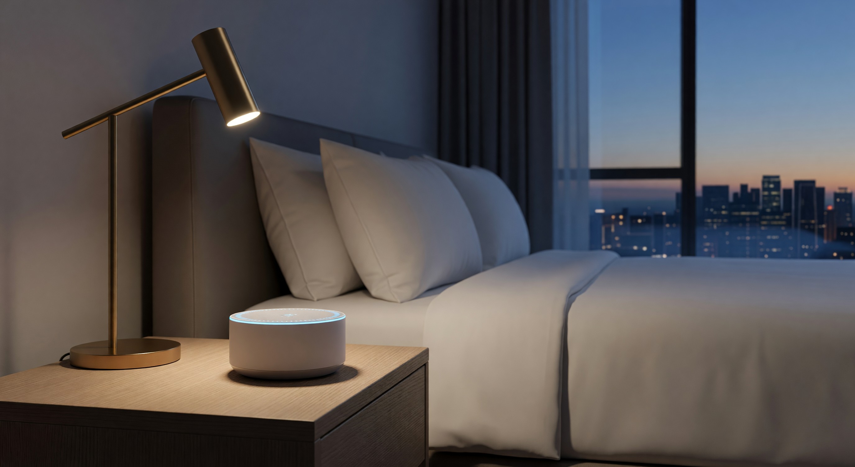 Hotel smart speaker voice assistant device on nightstand in modern guest room