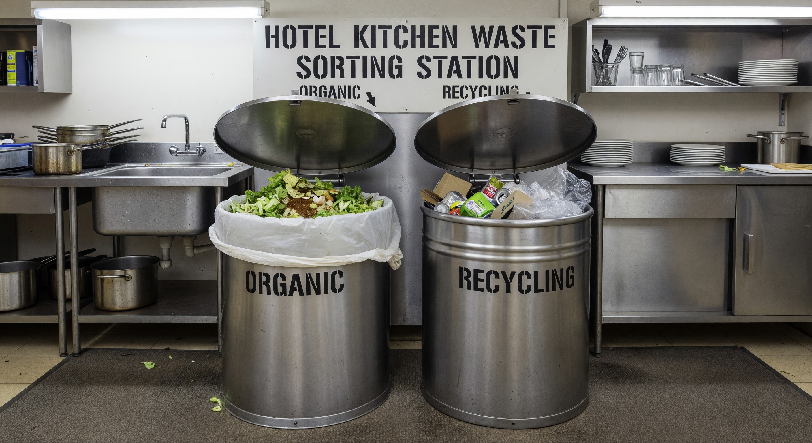 Hotel kitchen waste sorting station with organic and recycling bins