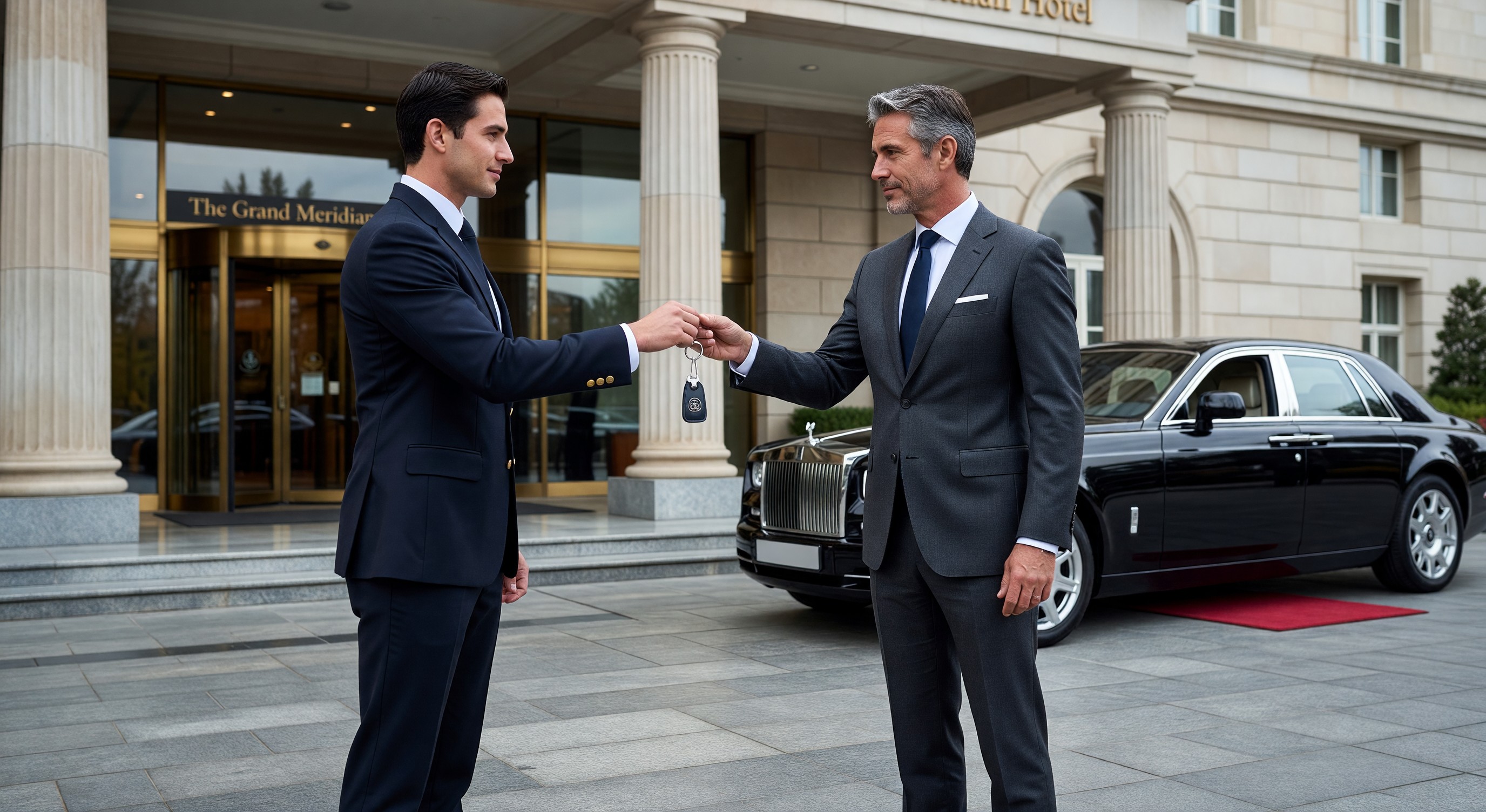 Valet attendant handing keys to hotel guest at entrance