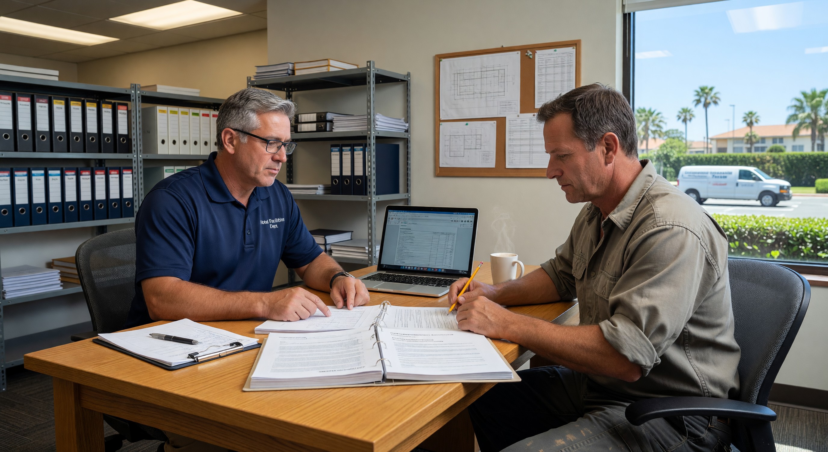 Hotel facility manager reviewing maintenance contract with contractor